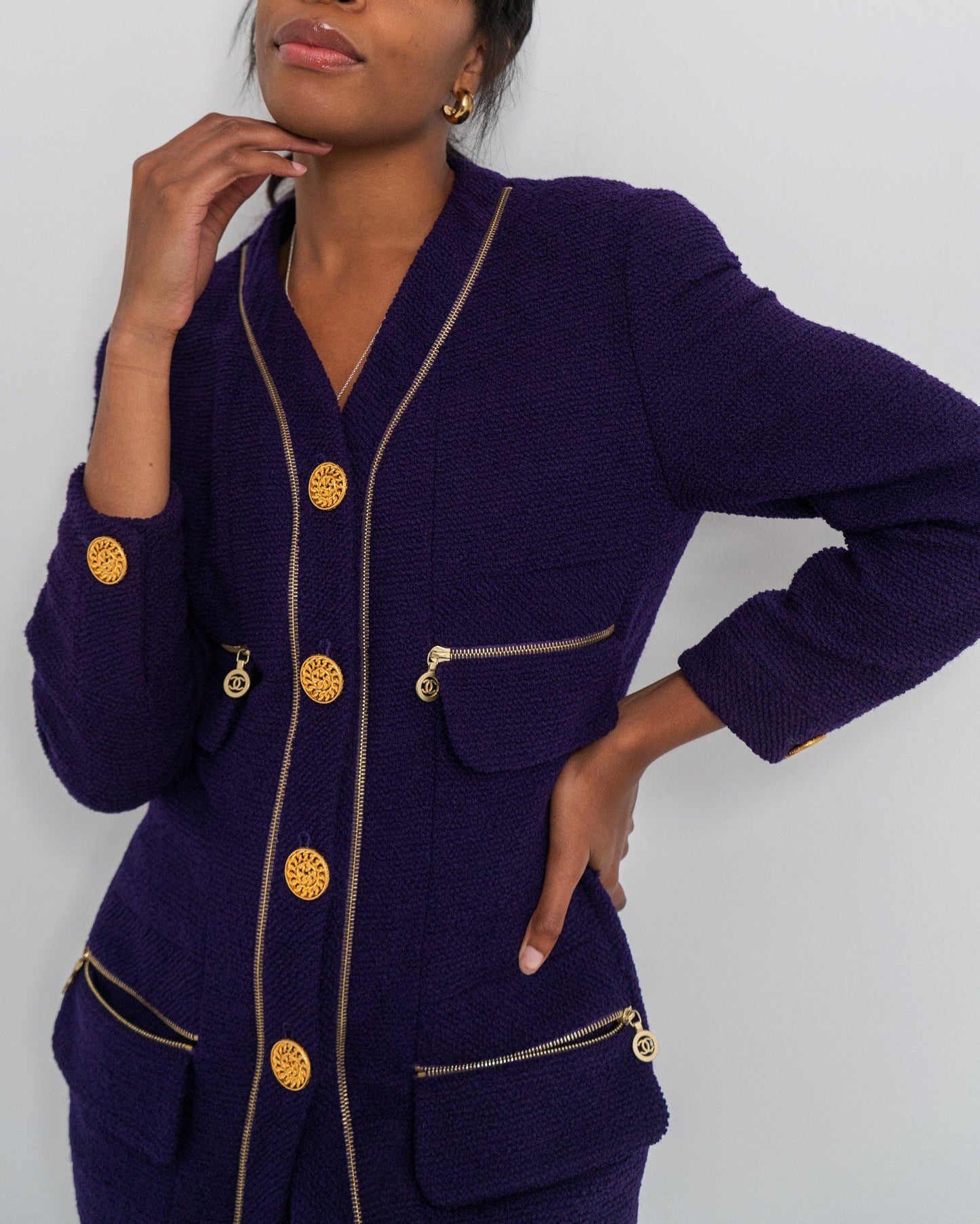 FR42 Chanel Spring 1992 Four Pockets Zip Details Tweed Boucle Jacket in Royal Purple - Vintage Chanel Jacket -   - Rarchive.