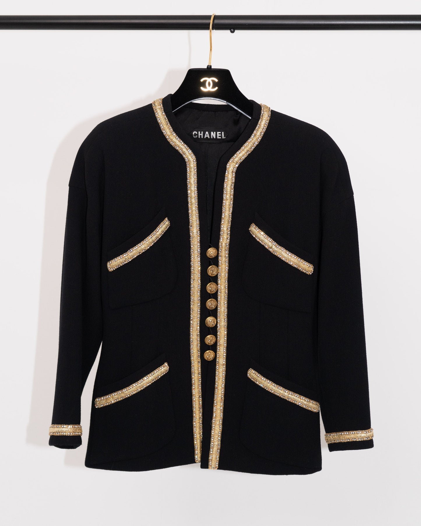 FR36 Rare Chanel Haute Couture Spring 1986 Four Pocketed Embellished Jacket in Black - Vintage Chanel Jacket -   - Rarchive.