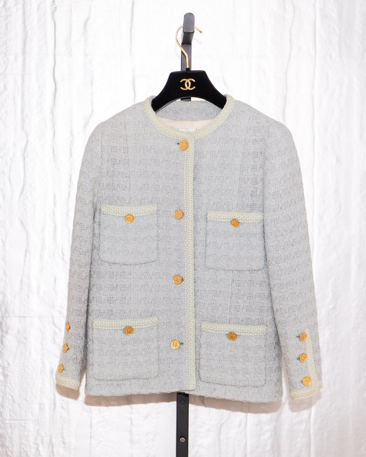 FR36-38 Rare Chanel Fall 1987 Four Pocketed Jacket in Light Blue - Vintage Chanel Jacket -   - Rarchive.