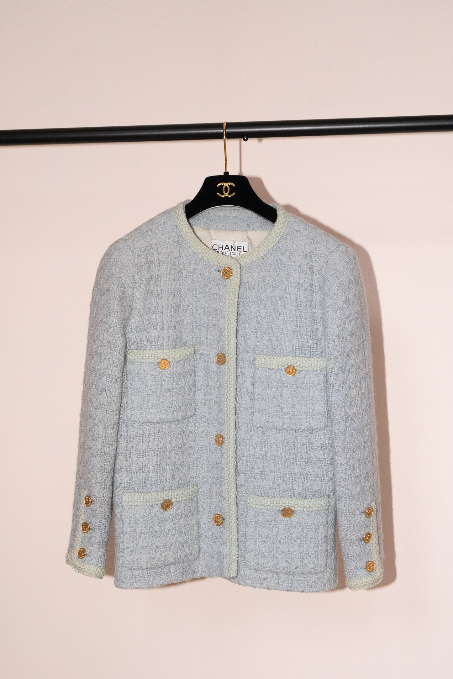 FR36-38 Rare Chanel Fall 1987 Four Pocketed Jacket in Light Blue - Vintage Chanel Jacket -   - Rarchive.