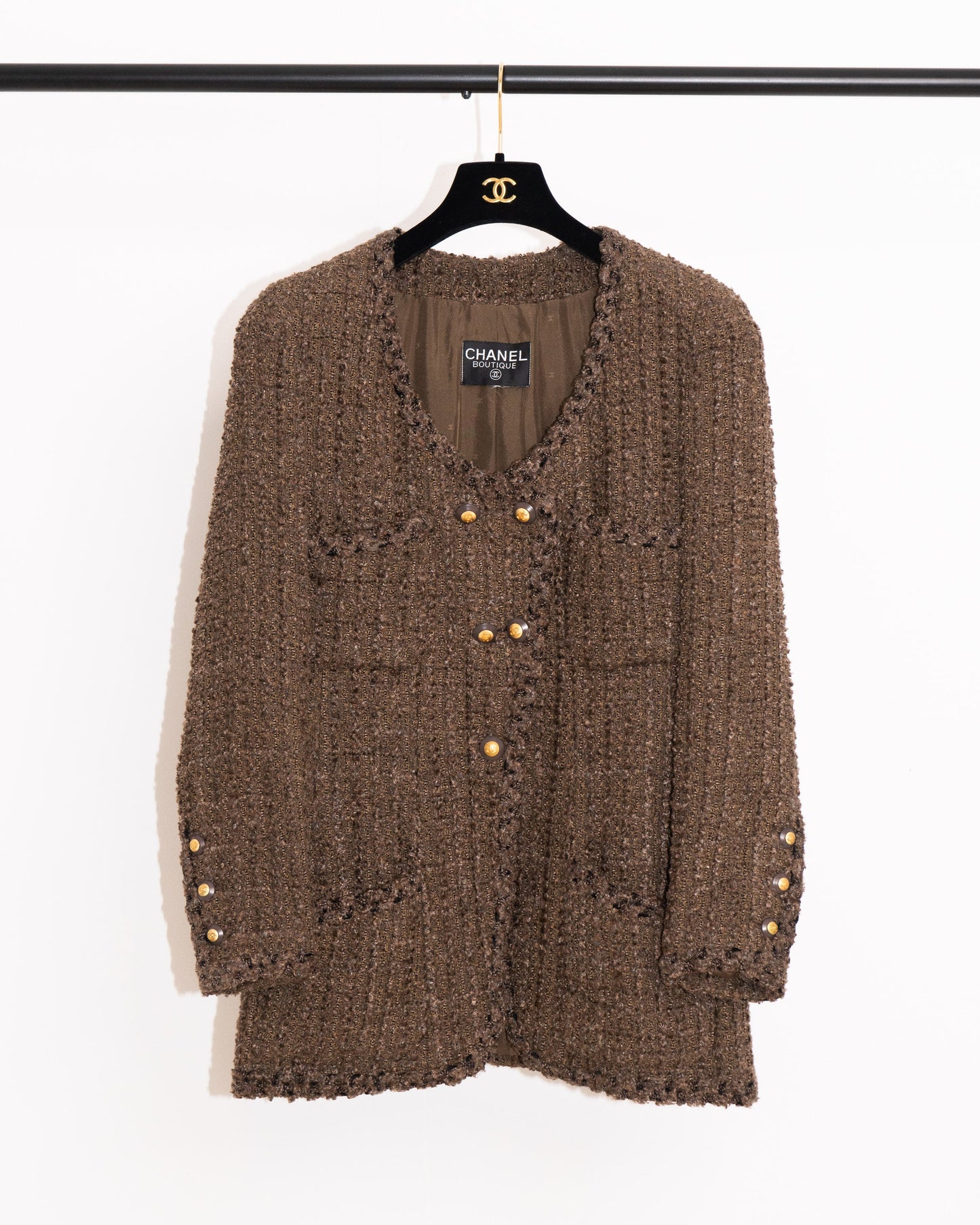 FR38-40 Chanel Fall 1993 Scoop Neck Four-Pocketed Double Breasted Jacket in Brown - Vintage Chanel Jacket -   - Rarchive.