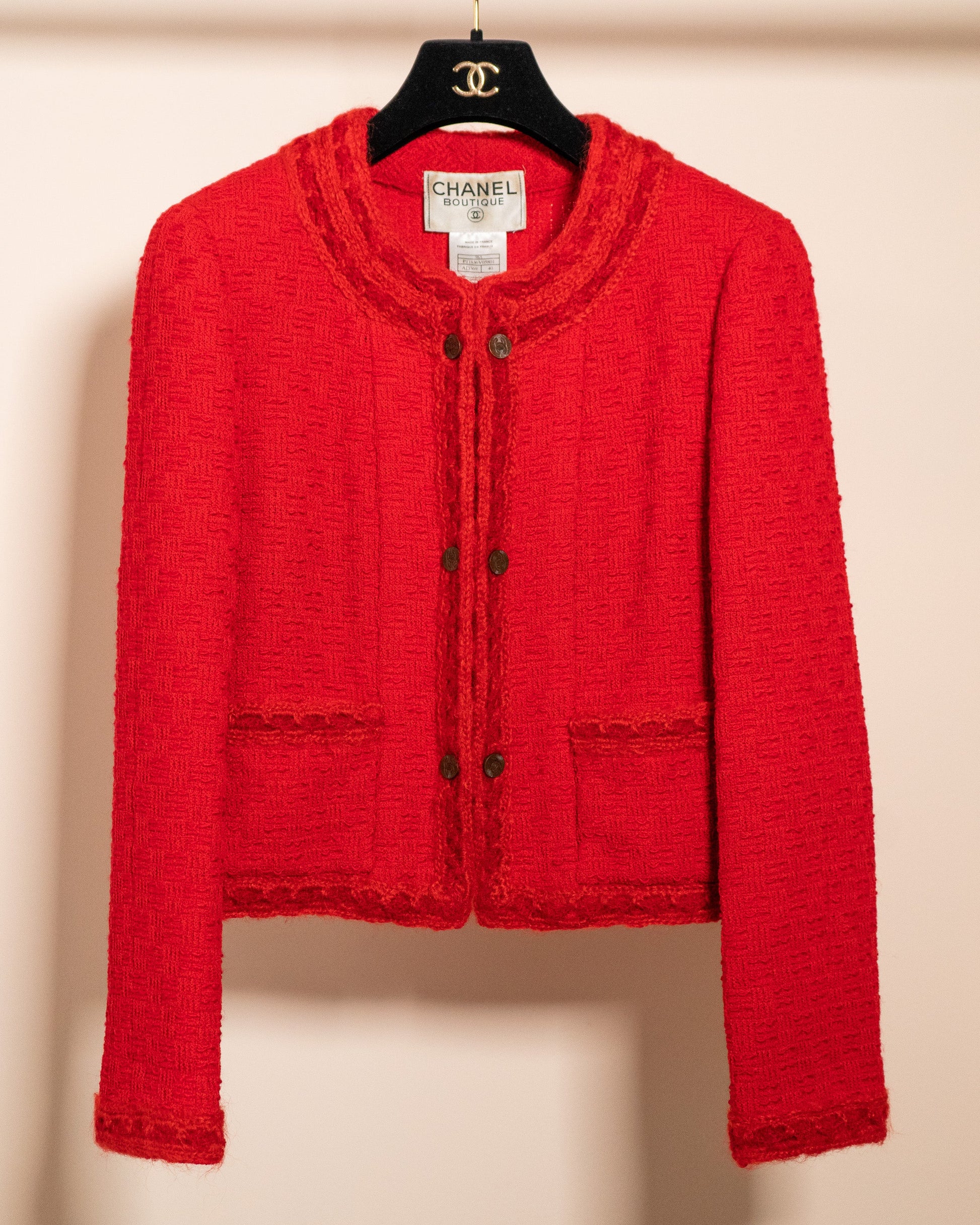 FR38-40 Chanel Fall 1998 Cropped Two Pocketed Jacket in Red - Vintage Chanel Jacket -   - Rarchive.