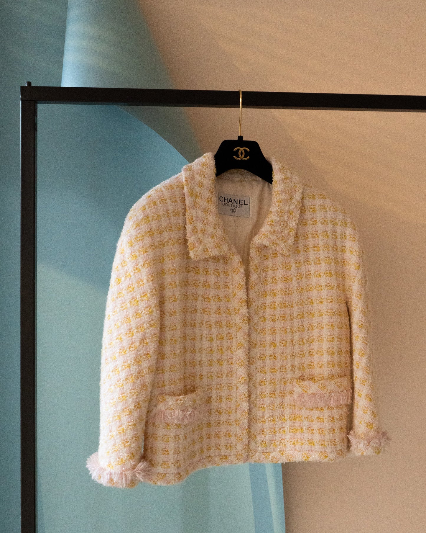 FR40-42 Rare Chanel Spring 1992 Two Pocketed Multicolor Fantasy Tweed Jacket in White, Pink and Yellow - Vintage Chanel Jacket -   - Rarchive.