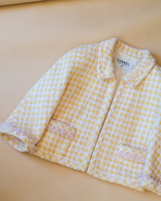 FR40-42 Rare Chanel Spring 1992 Two Pocketed Multicolor Fantasy Tweed Jacket in White, Pink and Yellow - Vintage Chanel Jacket -   - Rarchive.