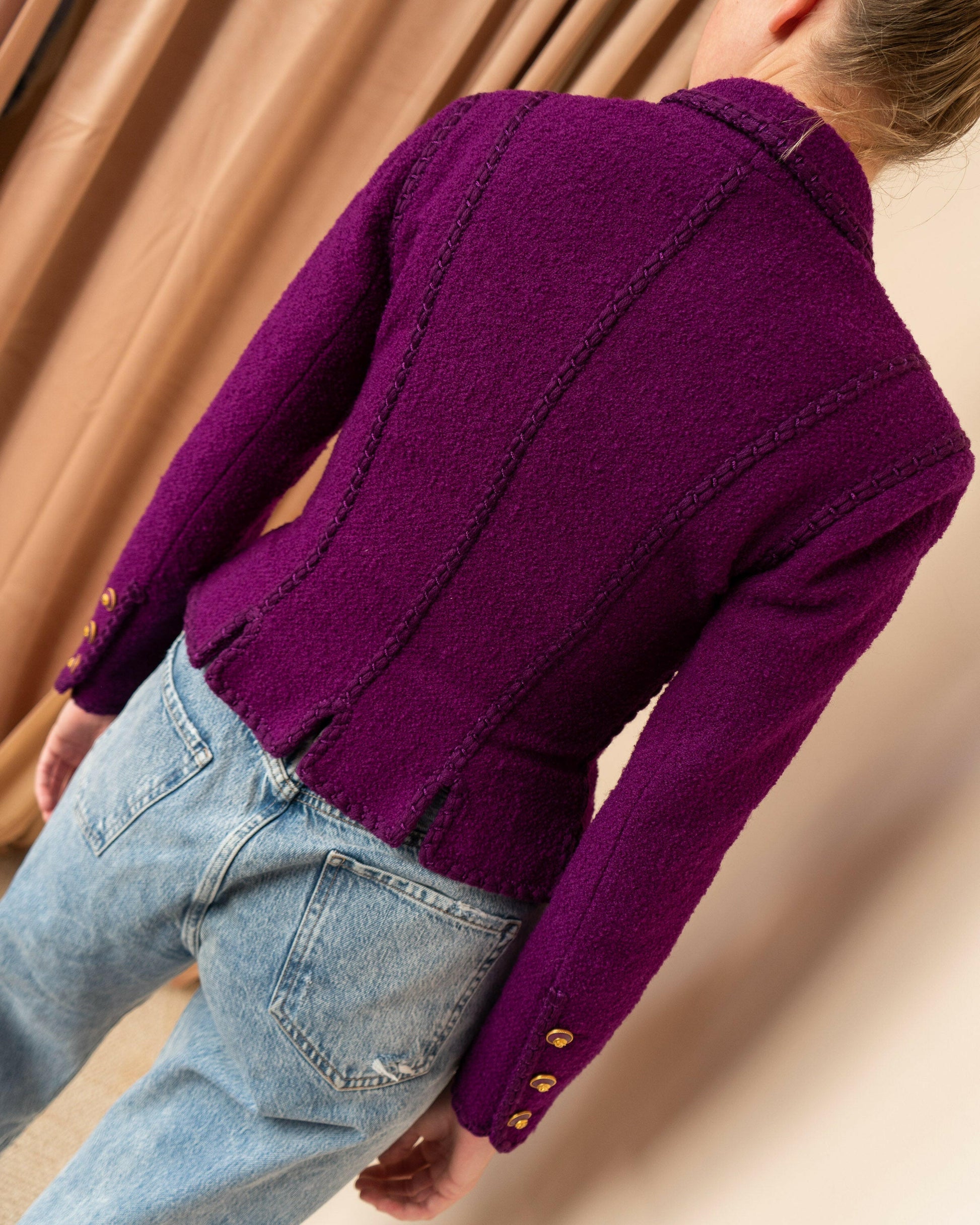 FR34-36 Rare Chanel Fall 1993 Fitted Cut Braided Trim Slit Detail Purple Wool Tweed Jacket - Vintage Chanel Jacket -   - Rarchive.