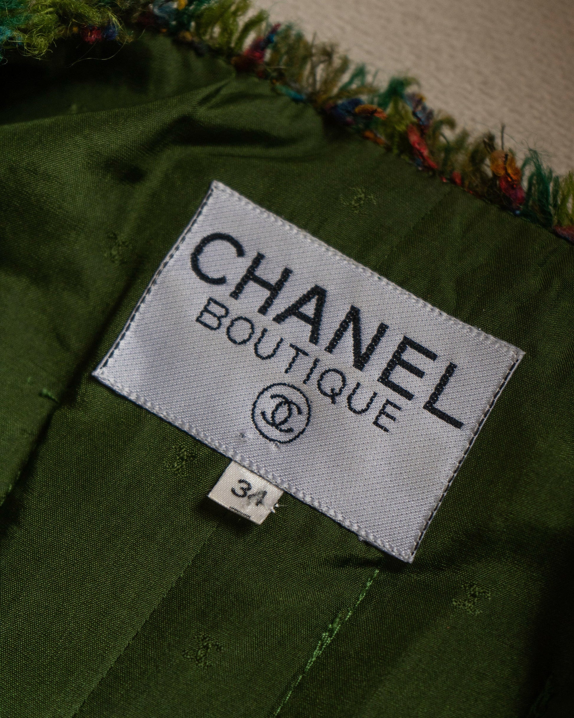 FR34 Fall 1990 Four Pocketed Collarless Green Fantasy Tweed Jacket - Vintage Chanel Jacket -   - Rarchive.