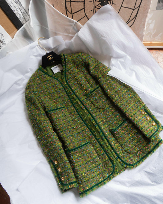 FR34 Fall 1990 Four Pocketed Collarless Green Fantasy Tweed Jacket - Vintage Chanel Jacket -   - Rarchive.