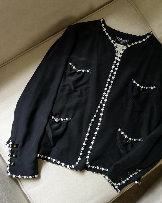 FR40-42 Rare Chanel Cruise 1994 Collarless Four-Pocketed Black Silk Jacket - Vintage Chanel Jacket -   - Rarchive.