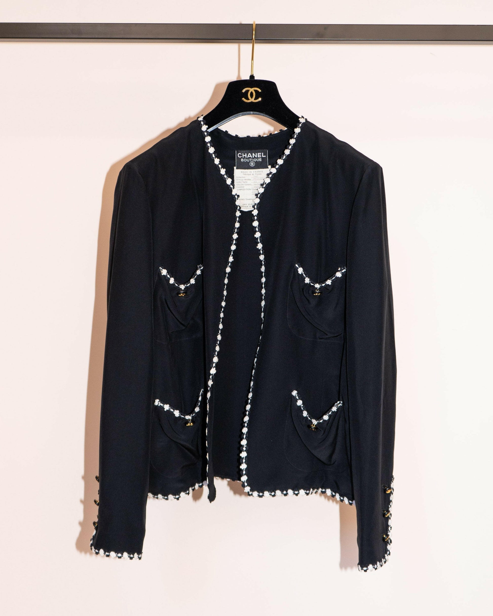 FR40-42 Rare Chanel Cruise 1994 Collarless Four-Pocketed Black Silk Jacket - Vintage Chanel Jacket -   - Rarchive.