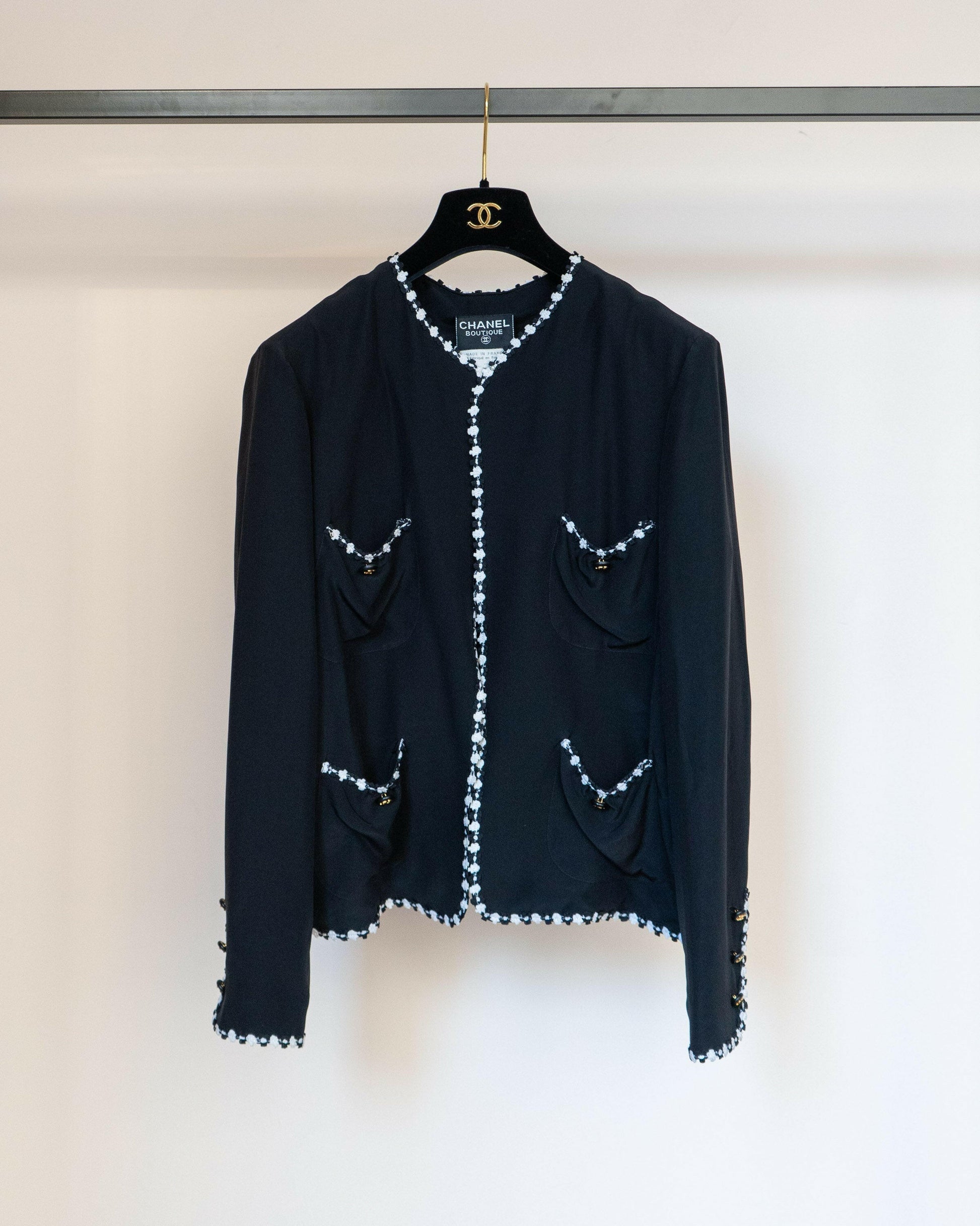 FR40-42 Rare Chanel Cruise 1994 Collarless Four-Pocketed Black Silk Jacket - Vintage Chanel Jacket -   - Rarchive.