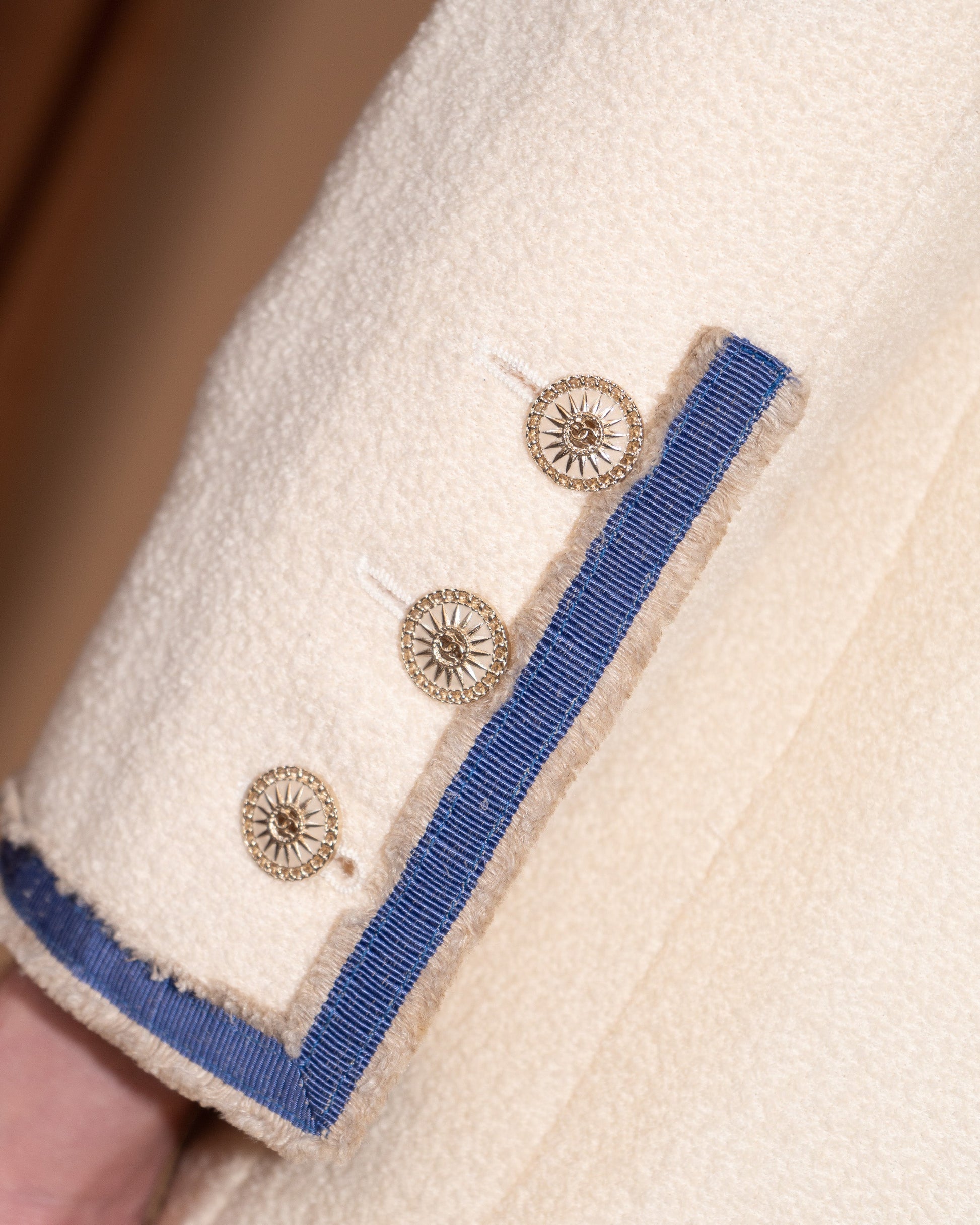FR38-40 Rare Chanel Resort 2014 Four-Pocketed Standing Collar Fringed Grosgrain Trim Detail Light Jacket - Vintage Chanel Jacket -   - Rarchive.