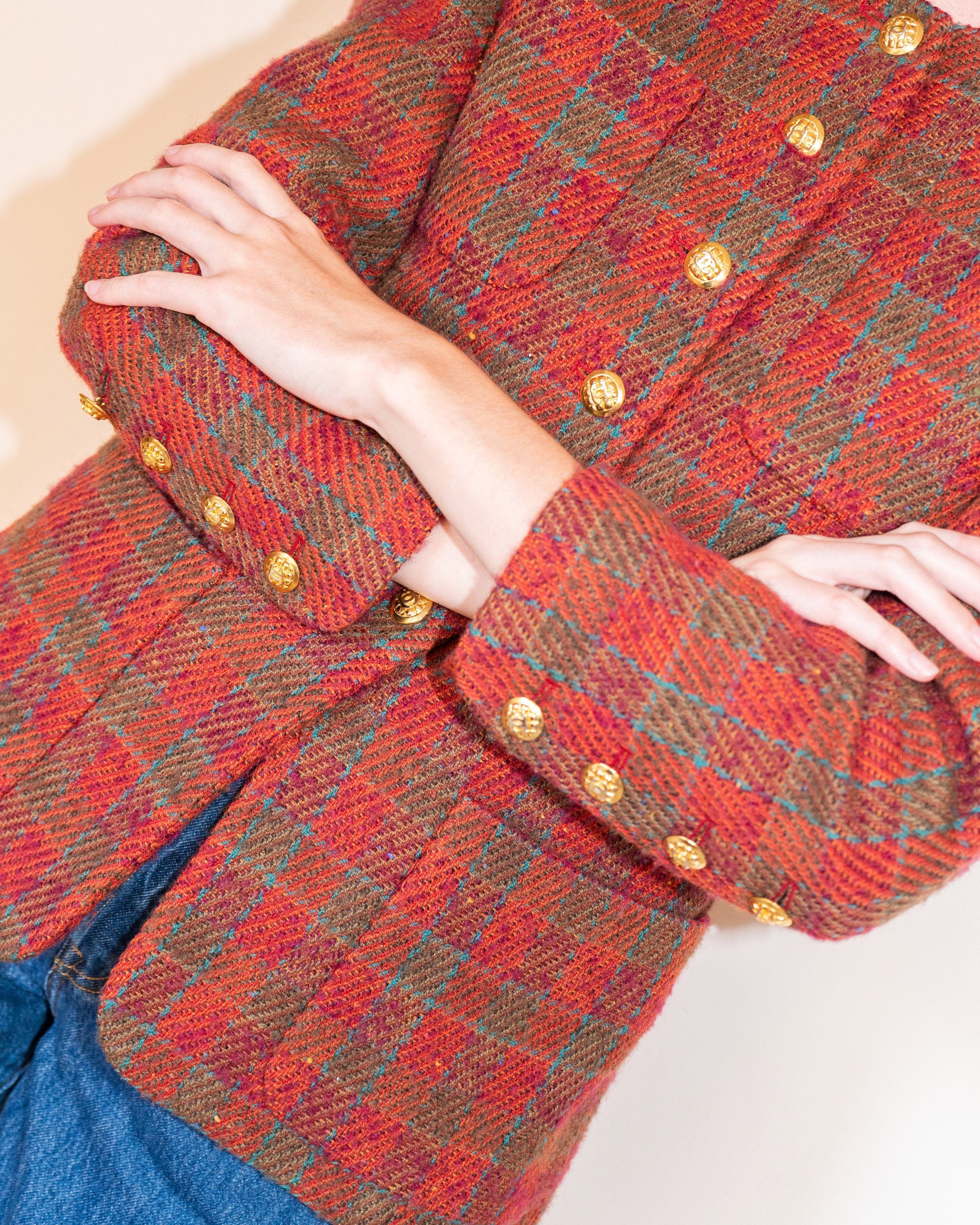 FR38-40 Chanel Late 1980s Collarless Four-Pocketed Plaid Wool Tweed Jacket - Vintage Chanel Jacket -   - Rarchive.