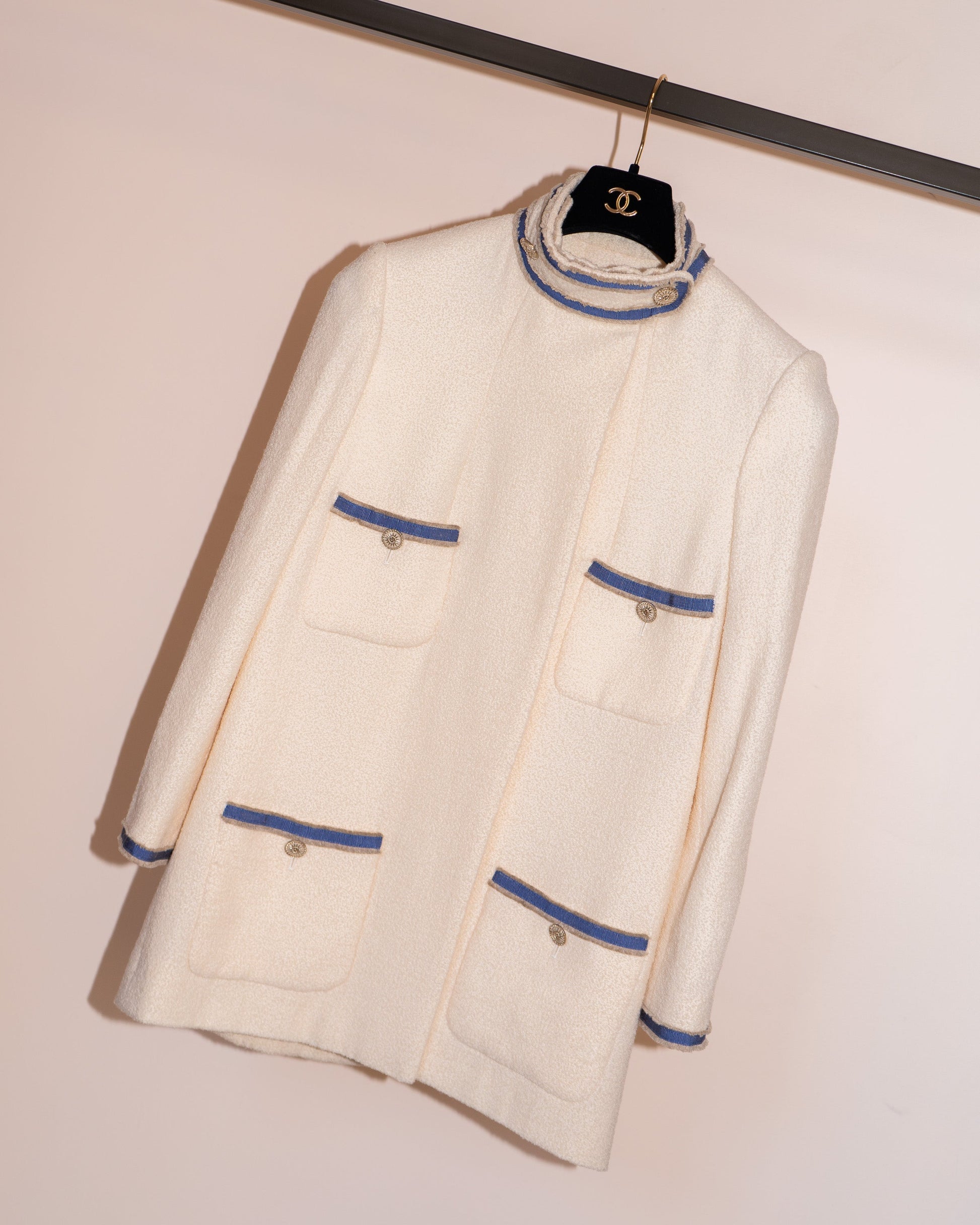 FR38-40 Rare Chanel Resort 2014 Four-Pocketed Standing Collar Fringed Grosgrain Trim Detail Light Jacket - Vintage Chanel Jacket -   - Rarchive.