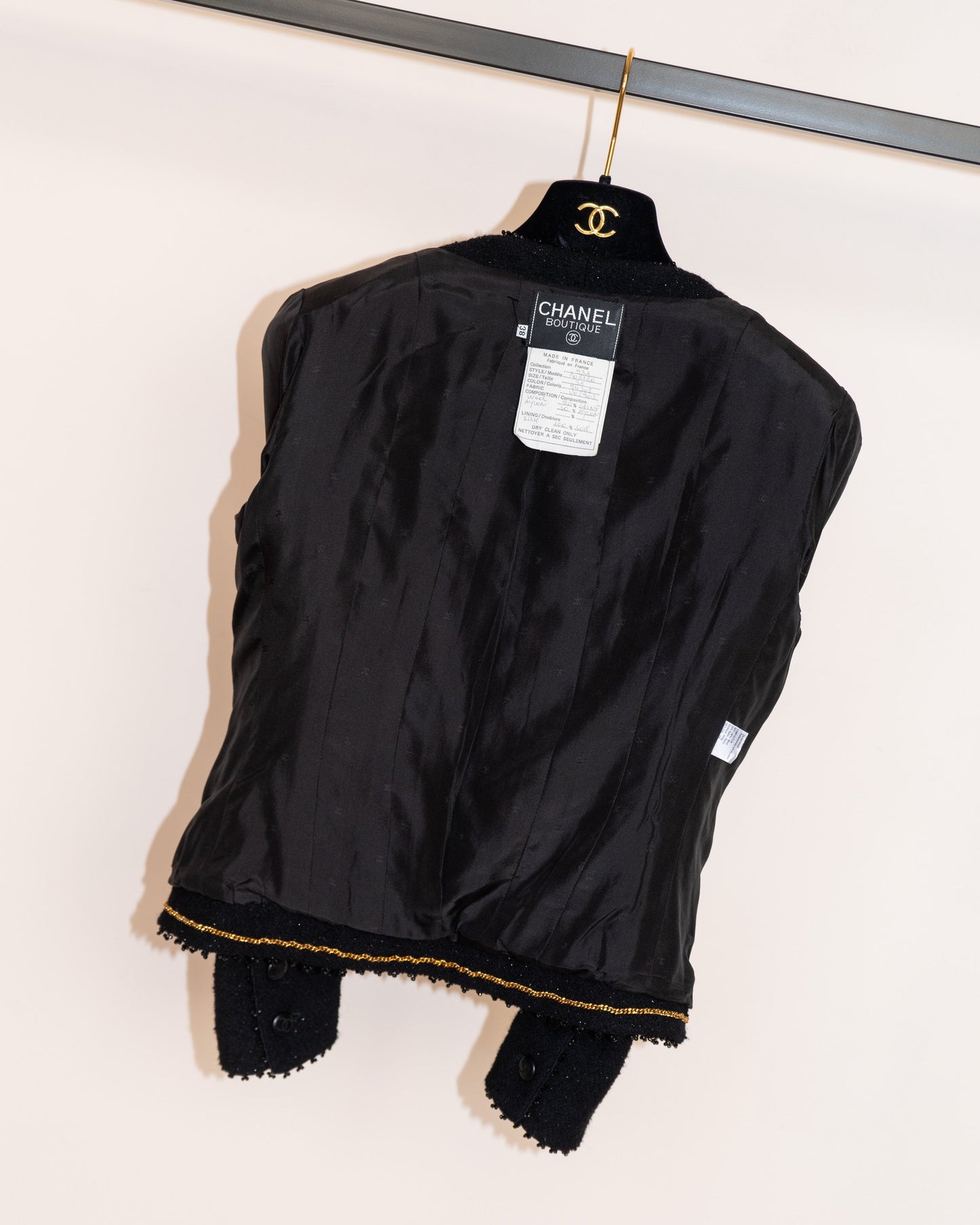 FR36-38 Rare Chanel Fall 1993 Four-Pocketed Beaded Trim Black Fantasy Tweed Jacket