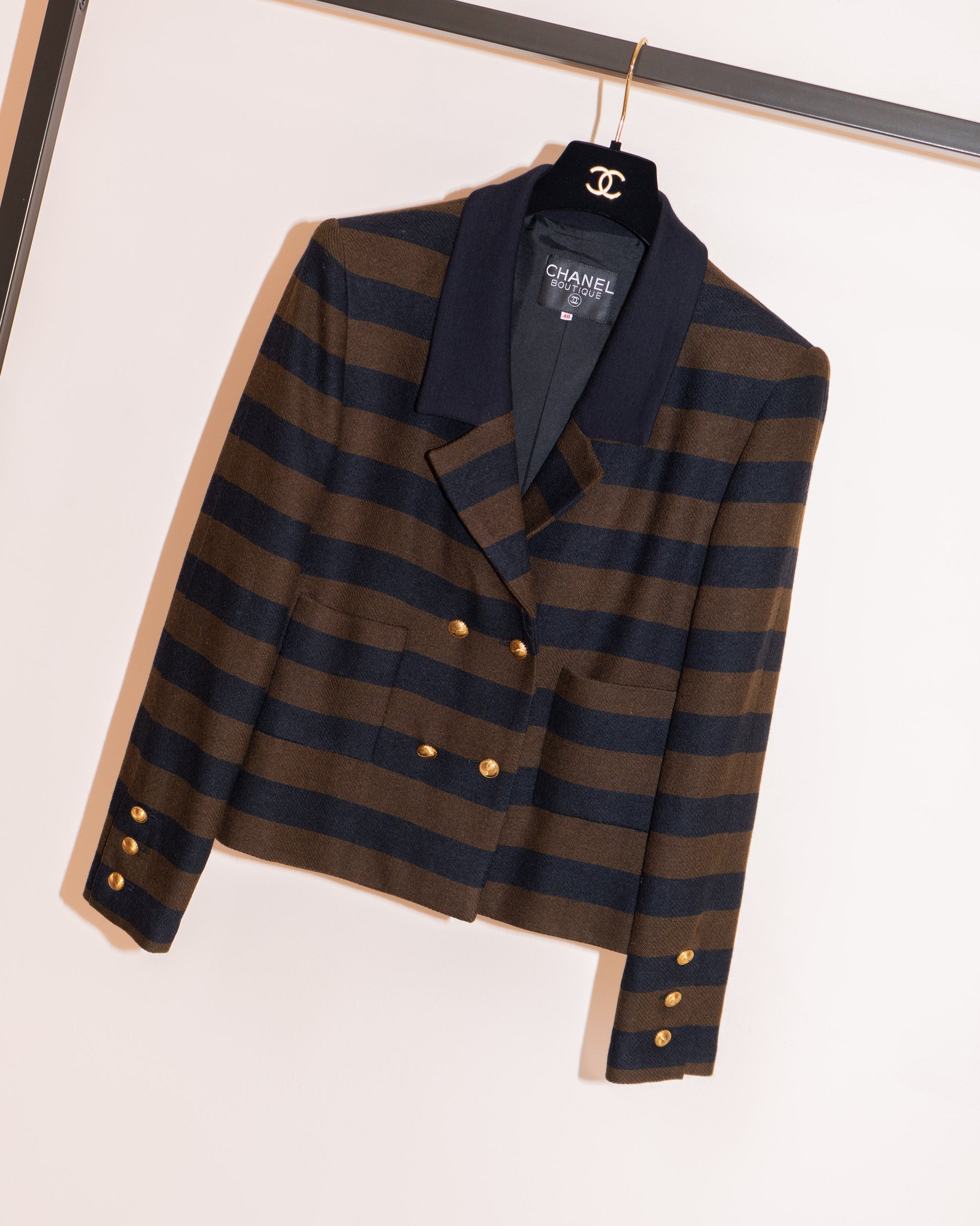 FR38-40 Chanel Early 1980s Two Pocketed Striped Wool Jacket - Vintage Chanel Jacket -   - Rarchive.