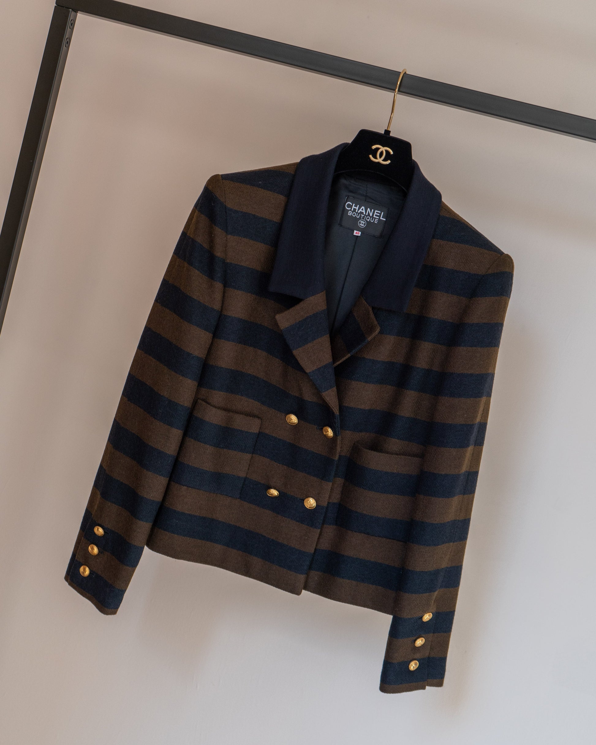 FR38-40 Chanel Early 1980s Two Pocketed Striped Wool Jacket - Vintage Chanel Jacket -   - Rarchive.