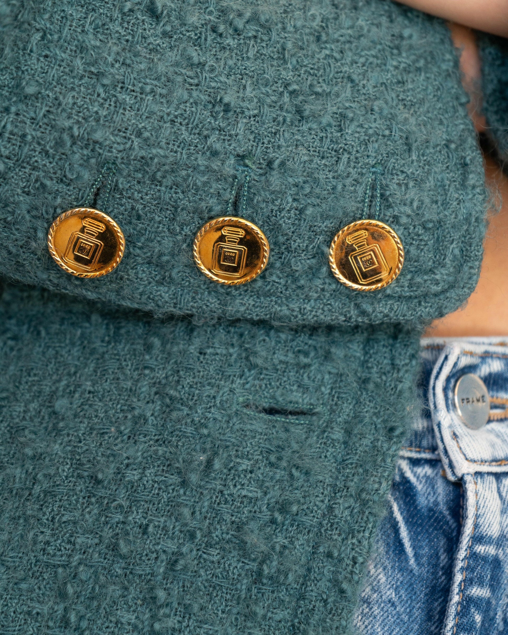 FR40-42 Chanel Mid-1980s Two-Pocketed Stand Up Collar Chanel No5 Bottle Button Details Teal Tweed Boucle Jacket - Vintage Chanel Jacket -   - Rarchive.
