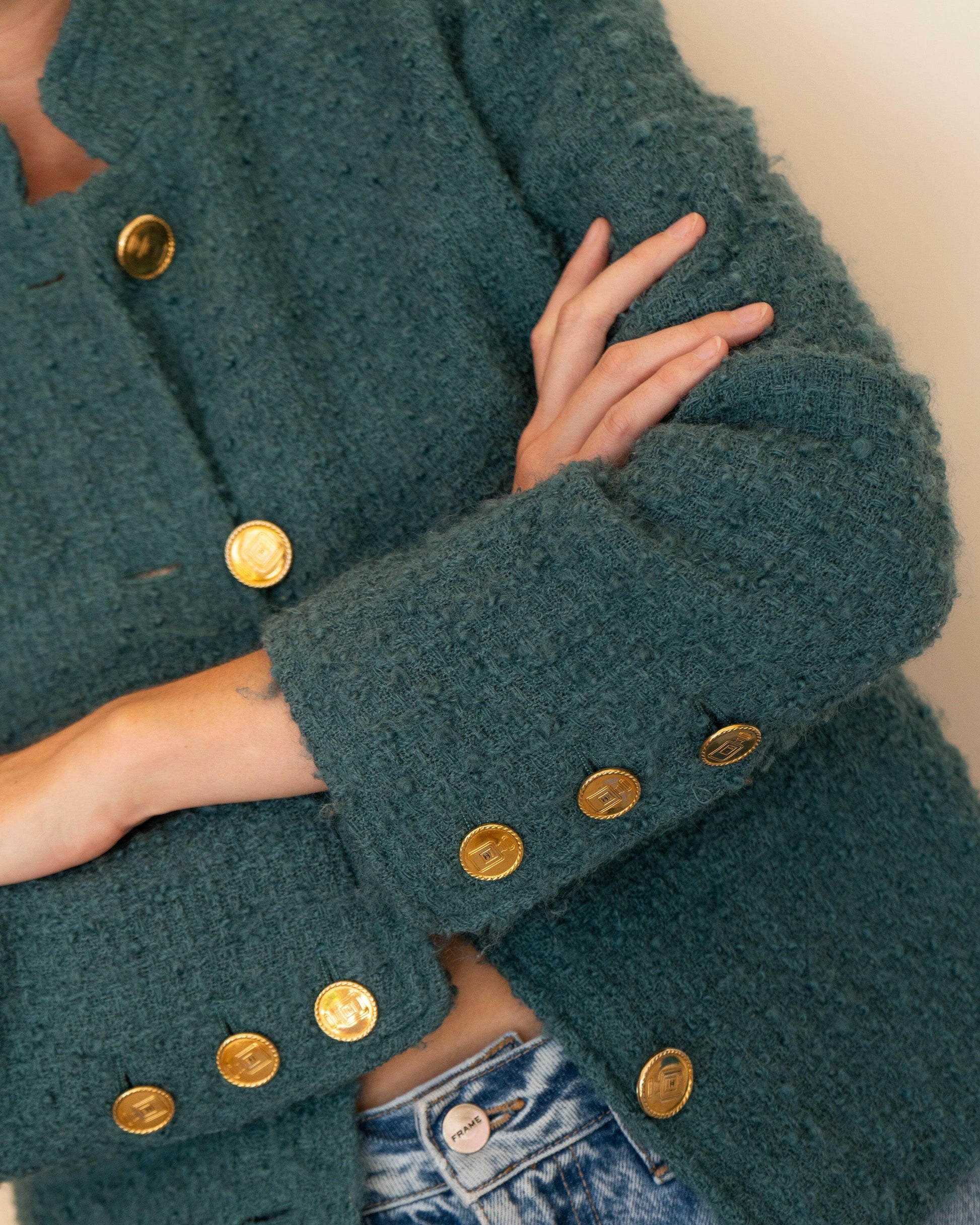 FR40-42 Chanel Mid-1980s Two-Pocketed Stand Up Collar Chanel No5 Bottle Button Details Teal Tweed Boucle Jacket - Vintage Chanel Jacket -   - Rarchive.