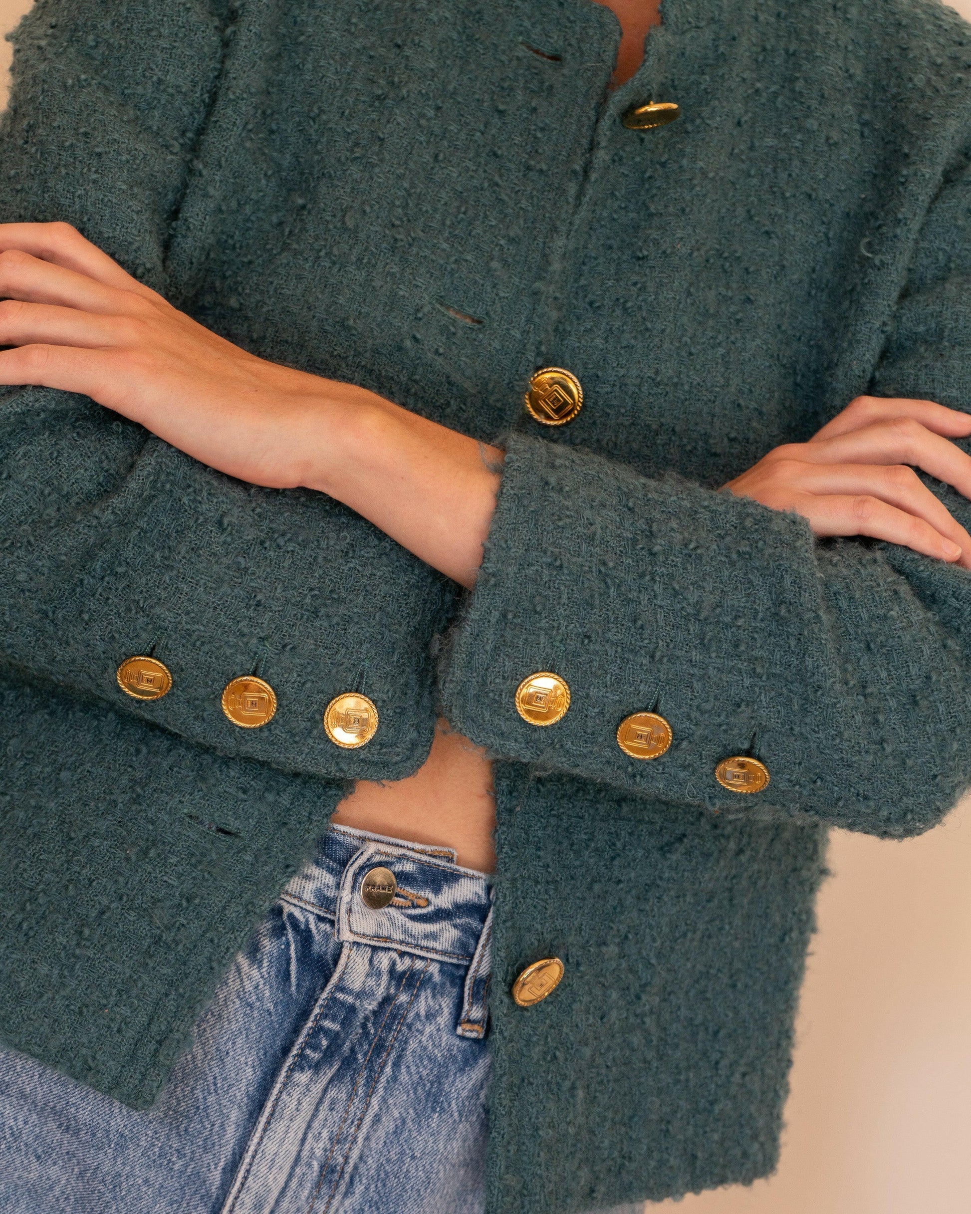 FR40-42 Chanel Mid-1980s Two-Pocketed Stand Up Collar Chanel No5 Bottle Button Details Teal Tweed Boucle Jacket - Vintage Chanel Jacket -   - Rarchive.
