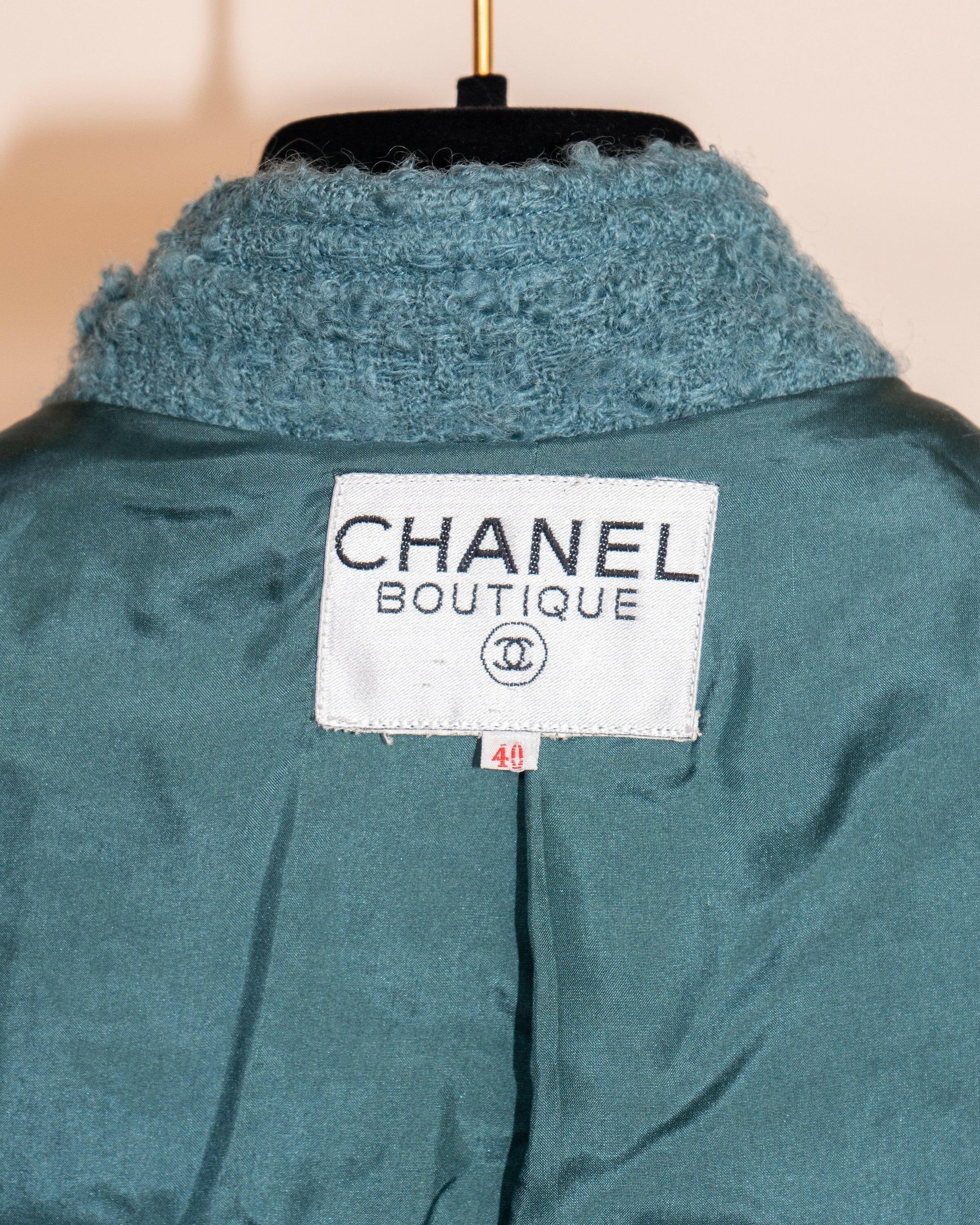 FR40-42 Chanel Mid-1980s Two-Pocketed Stand Up Collar Chanel No5 Bottle Button Details Teal Tweed Boucle Jacket - Vintage Chanel Jacket -   - Rarchive.