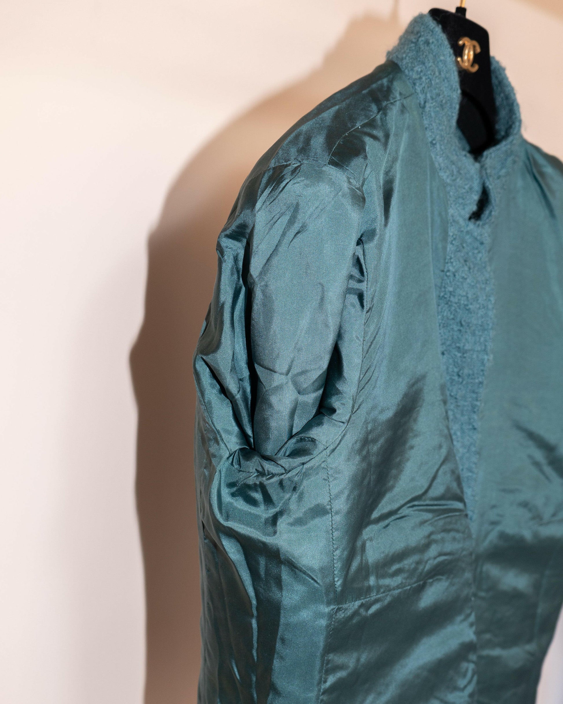 FR40-42 Chanel Mid-1980s Two-Pocketed Stand Up Collar Chanel No5 Bottle Button Details Teal Tweed Boucle Jacket - Vintage Chanel Jacket -   - Rarchive.