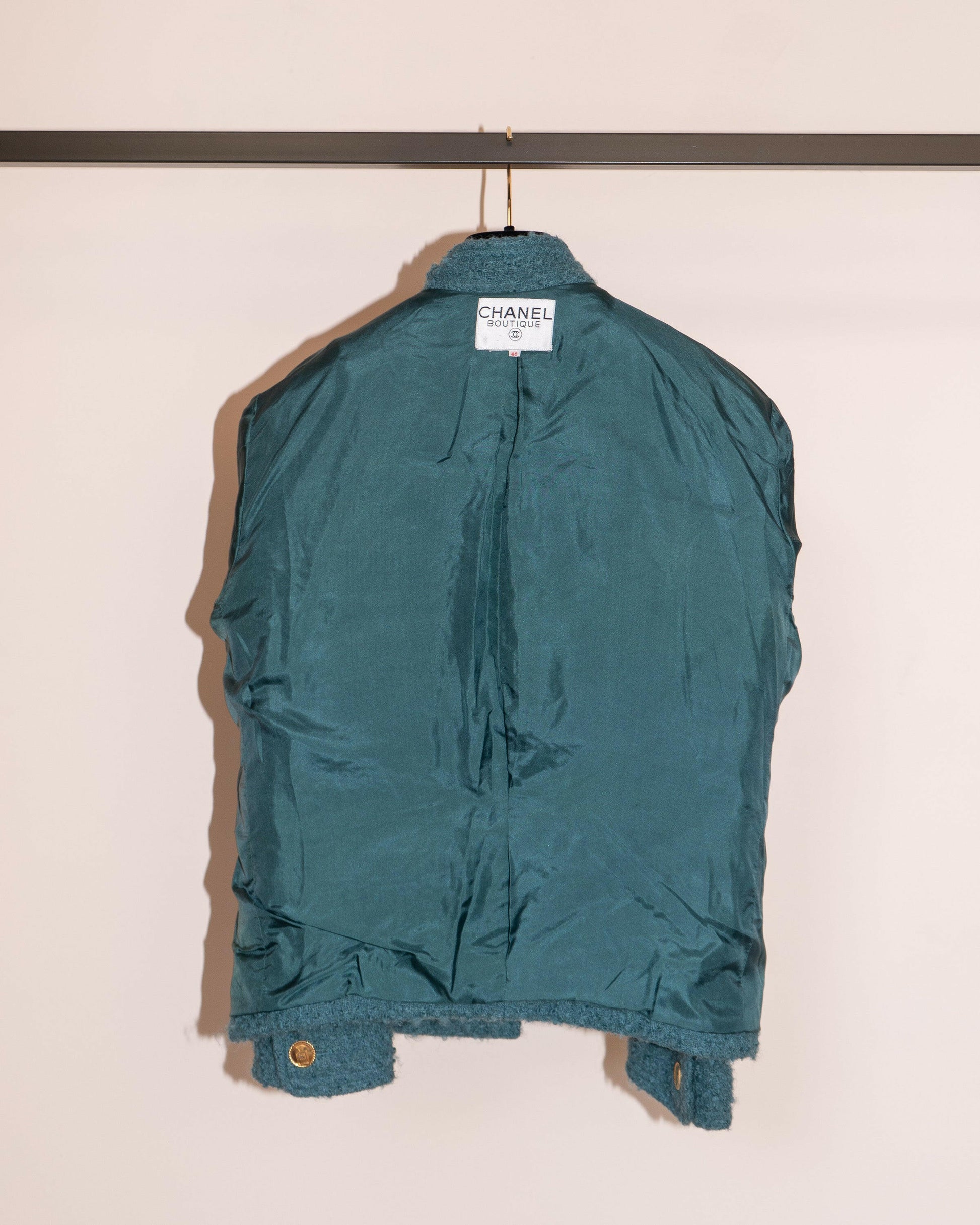 FR40-42 Chanel Mid-1980s Two-Pocketed Stand Up Collar Chanel No5 Bottle Button Details Teal Tweed Boucle Jacket - Vintage Chanel Jacket -   - Rarchive.