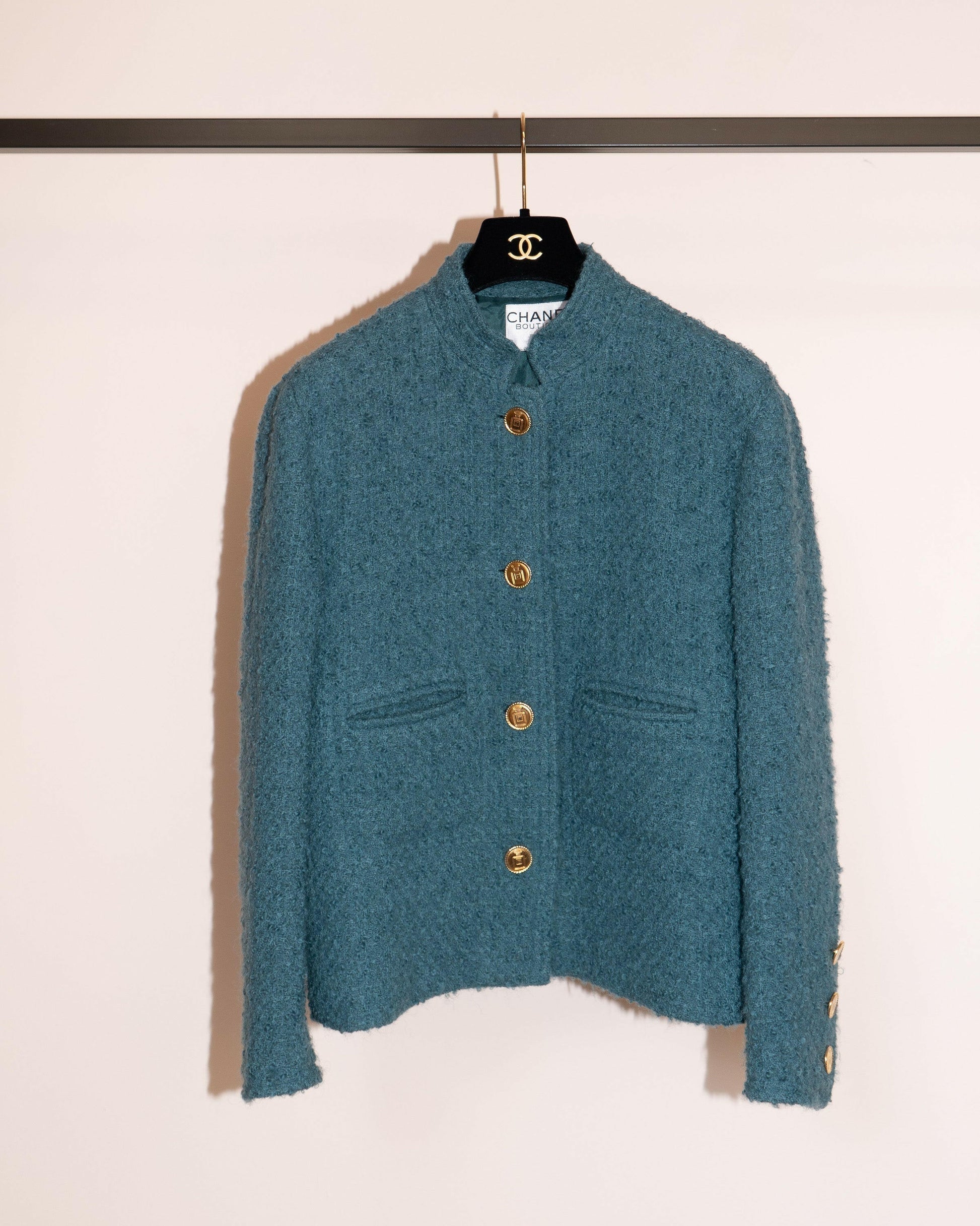 FR40-42 Chanel Mid-1980s Two-Pocketed Stand Up Collar Chanel No5 Bottle Button Details Teal Tweed Boucle Jacket - Vintage Chanel Jacket -   - Rarchive.