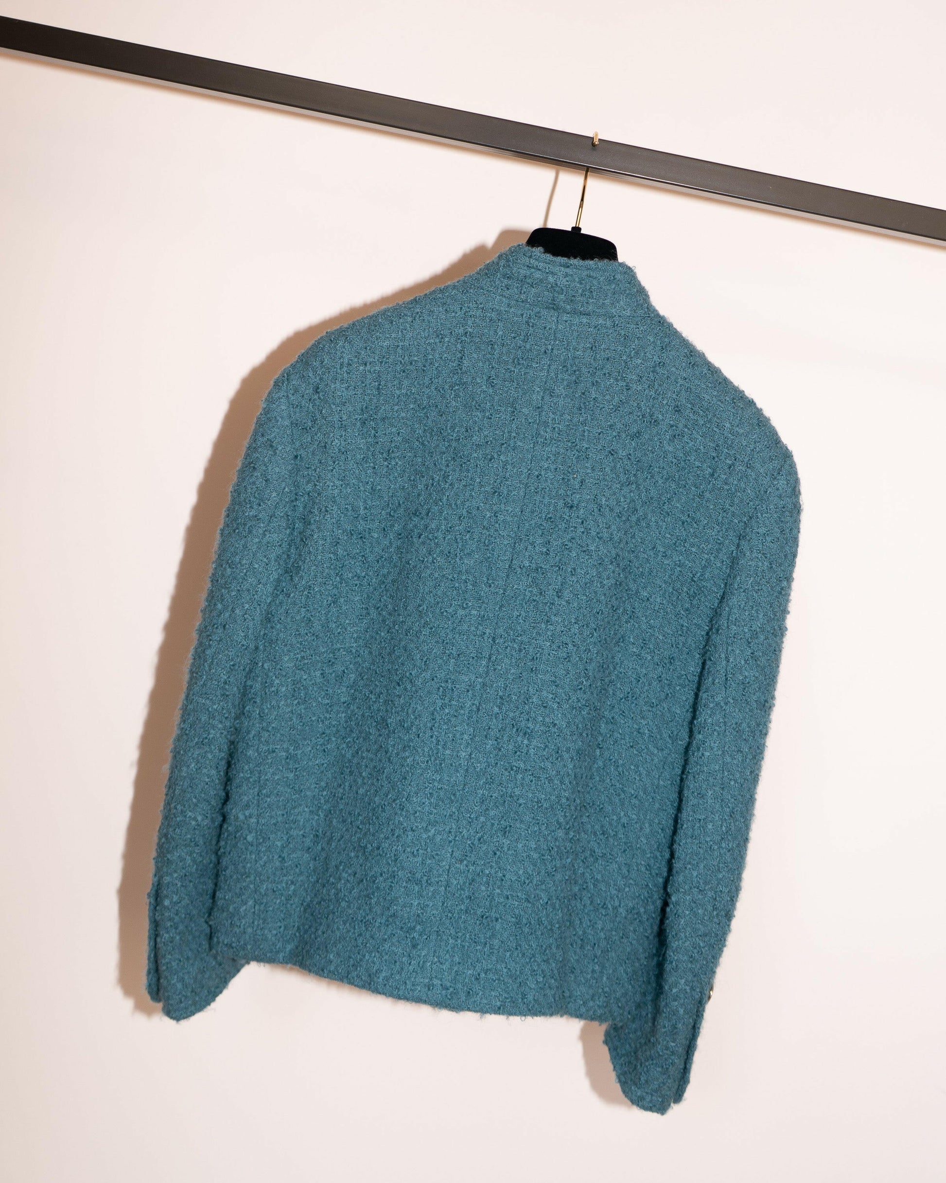 FR40-42 Chanel Mid-1980s Two-Pocketed Stand Up Collar Chanel No5 Bottle Button Details Teal Tweed Boucle Jacket - Vintage Chanel Jacket -   - Rarchive.