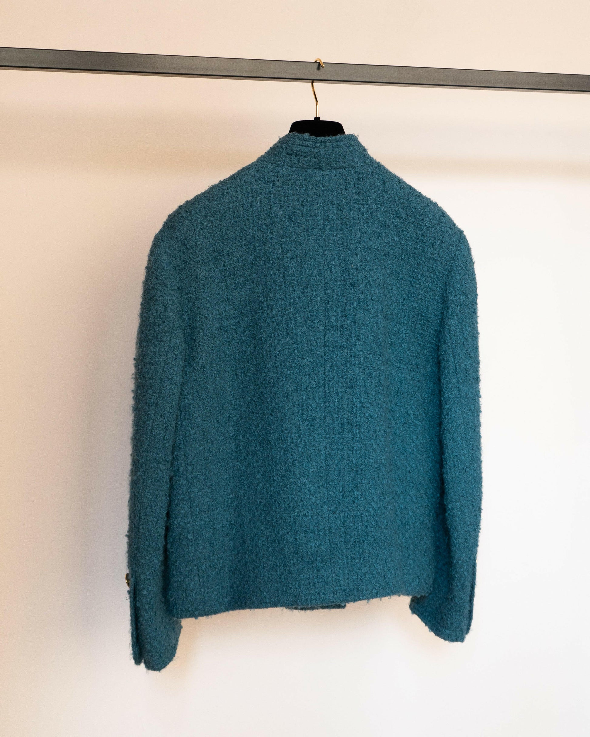 FR40-42 Chanel Mid-1980s Two-Pocketed Stand Up Collar Chanel No5 Bottle Button Details Teal Tweed Boucle Jacket - Vintage Chanel Jacket -   - Rarchive.