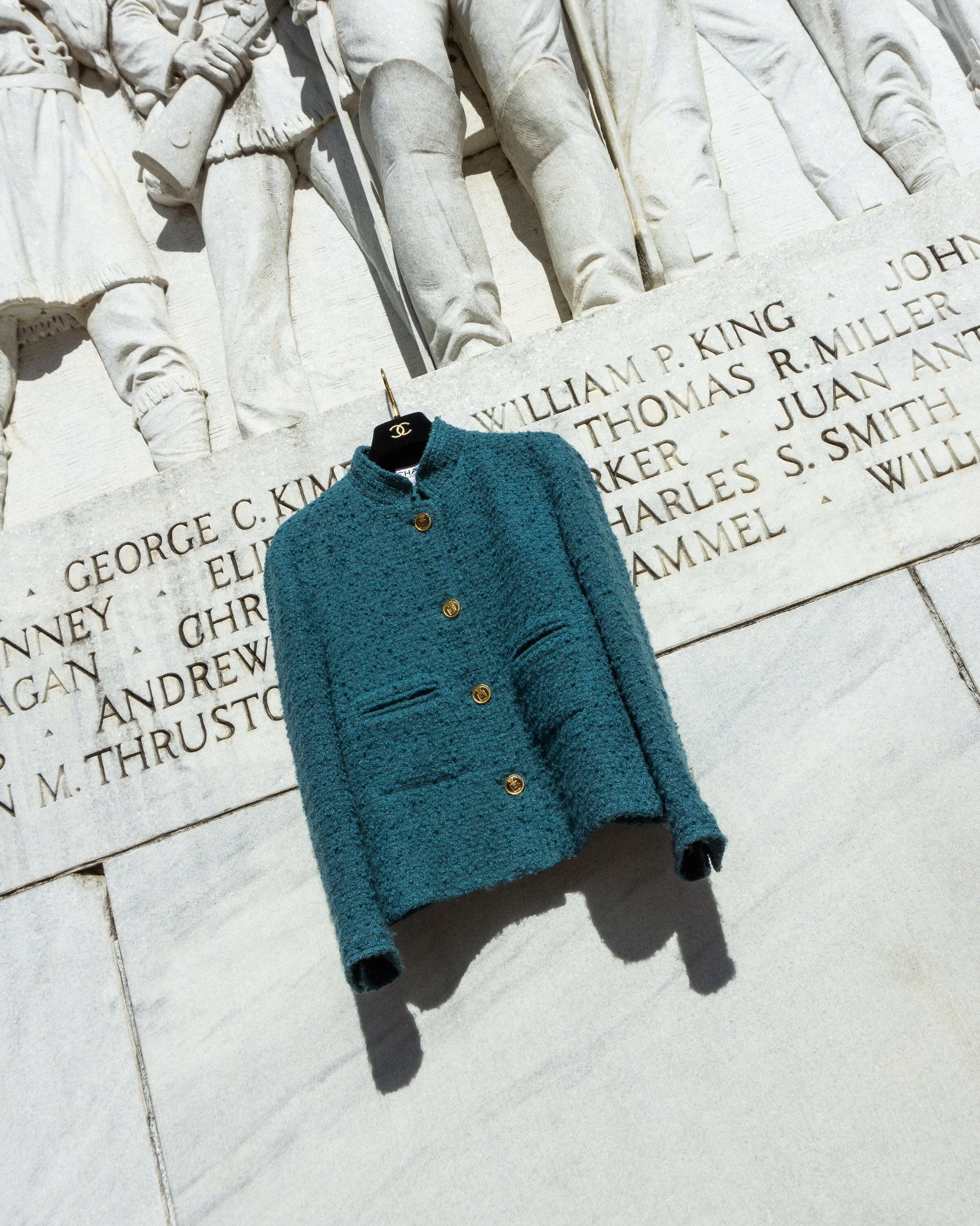 FR40-42 Chanel Mid-1980s Two-Pocketed Stand Up Collar Chanel No5 Bottle Button Details Teal Tweed Boucle Jacket - Vintage Chanel Jacket -   - Rarchive.