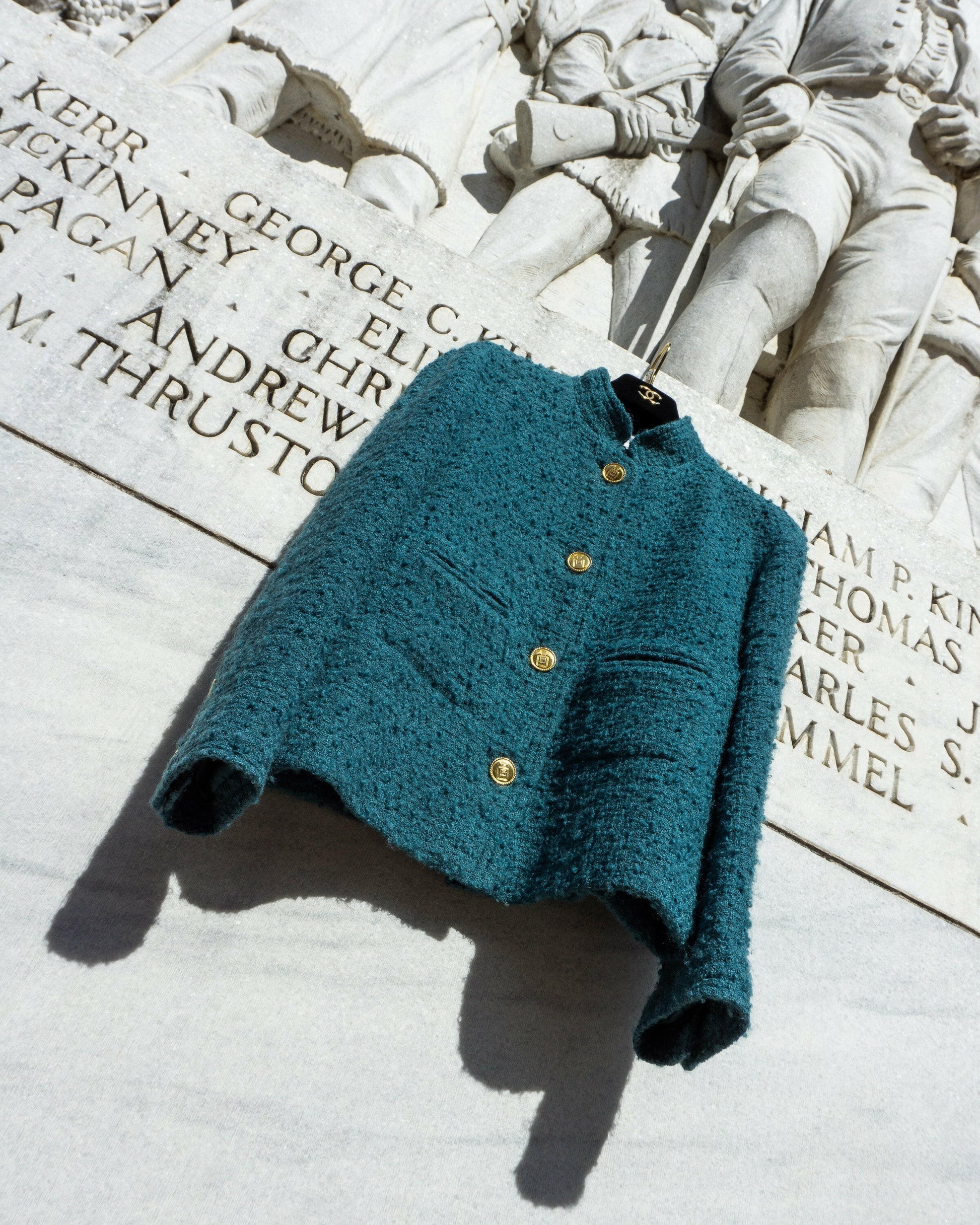 FR40-42 Chanel Mid-1980s Two-Pocketed Stand Up Collar Chanel No5 Bottle Button Details Teal Tweed Boucle Jacket - Vintage Chanel Jacket -   - Rarchive.