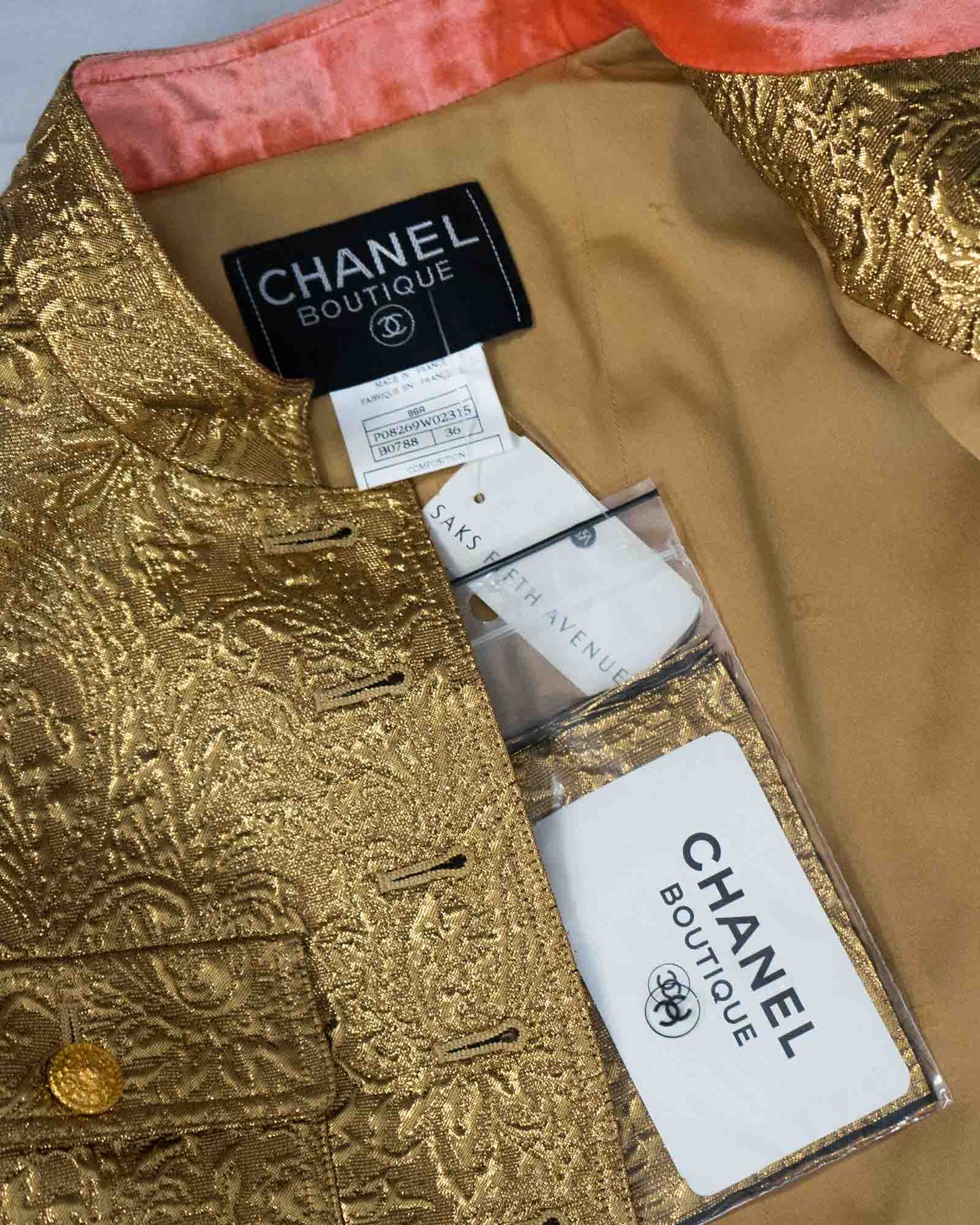 FR34-36 Chanel Fall 1996 Four Pocket Mandarin Collar Jacket in Gold