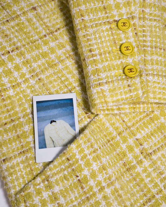 FR40 Chanel Spring 1997 Four Pocket Collarless Tweed Jacket in Yellow