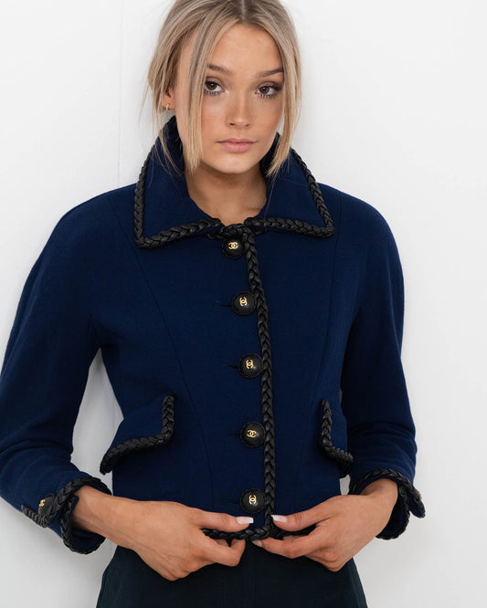 FR36 Chanel Fall 1989 Leather Trim Cropped Wool Jacket in Dark Blue