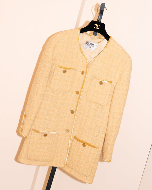 FR38-40 Chanel Fall 1987 Collarless Four Pocketed Velvet Trim Detail Powder Yellow Tweed Jacket