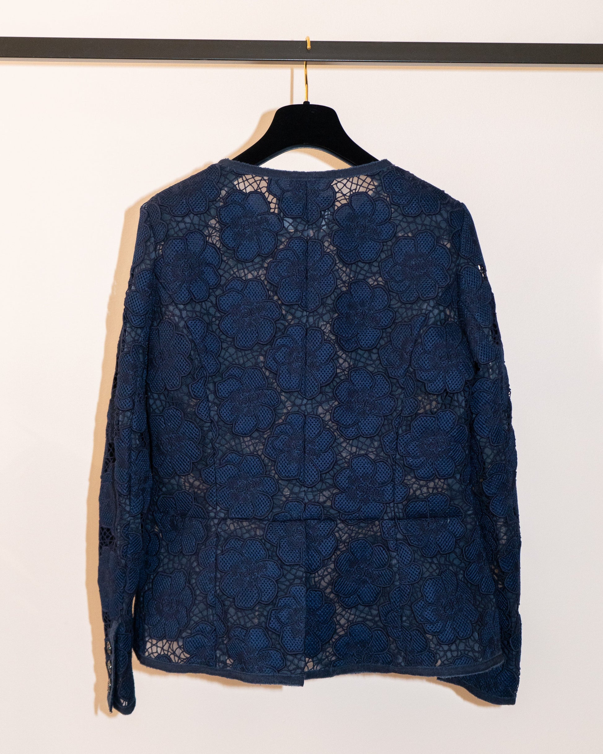 FR40-42 Rare Chanel Spring 2016 Collarless Four-Pocketed Navy Camellia Pattern Guipure Lace Jacket - Vintage Chanel Jacket -   - Rarchive.