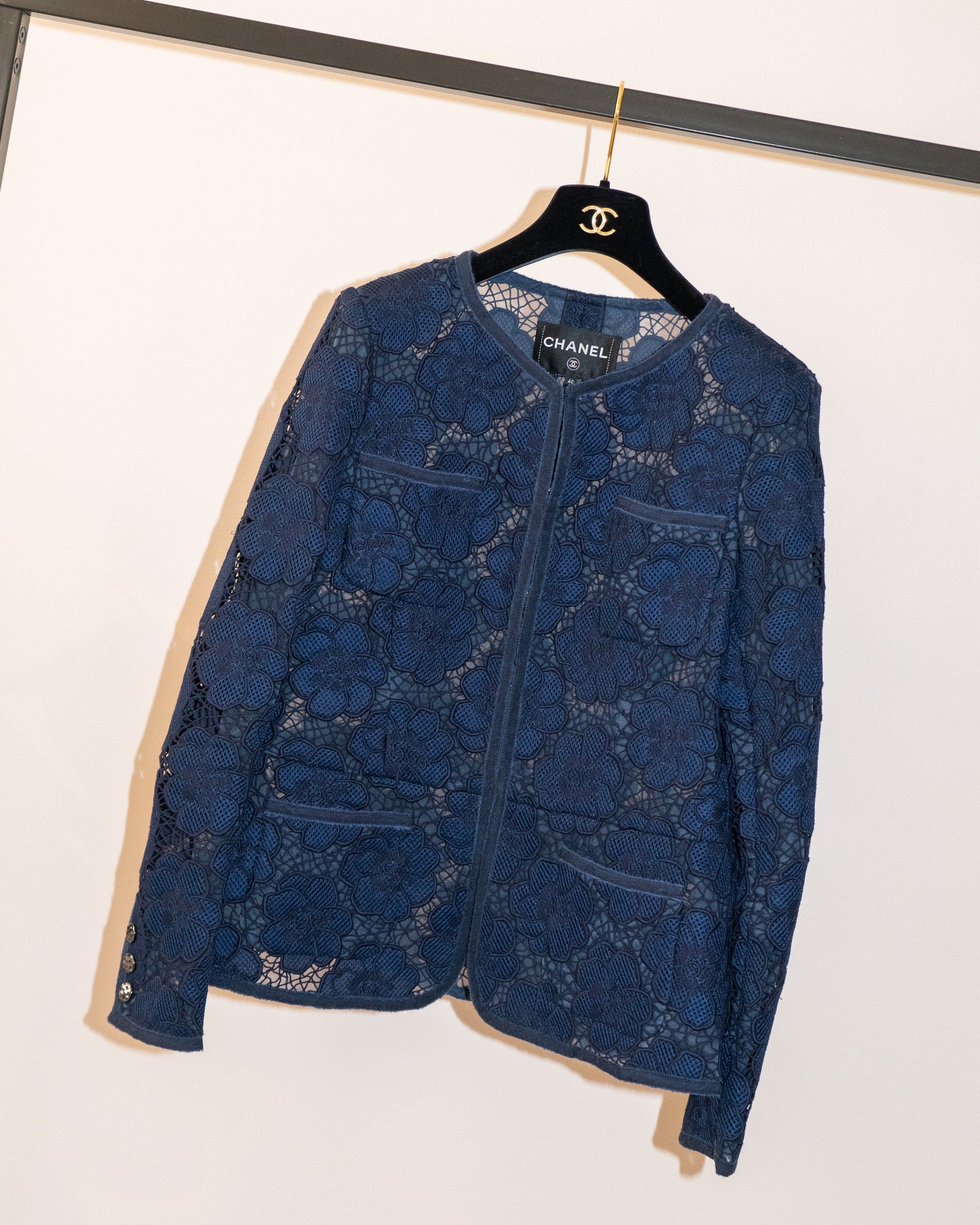 FR40-42 Rare Chanel Spring 2016 Collarless Four-Pocketed Navy Camellia Pattern Guipure Lace Jacket - Vintage Chanel Jacket -   - Rarchive.