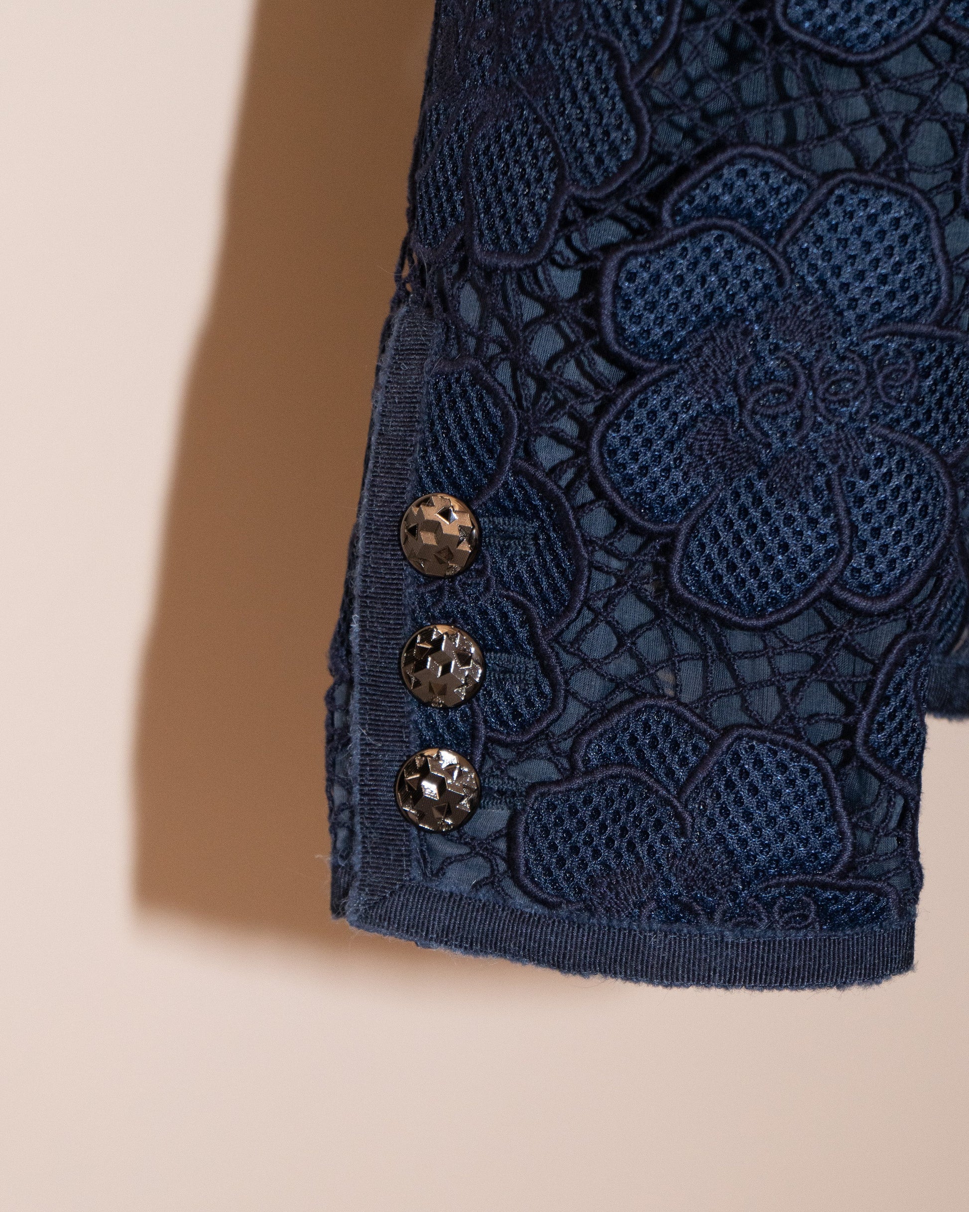 FR40-42 Rare Chanel Spring 2016 Collarless Four-Pocketed Navy Camellia Pattern Guipure Lace Jacket - Vintage Chanel Jacket -   - Rarchive.