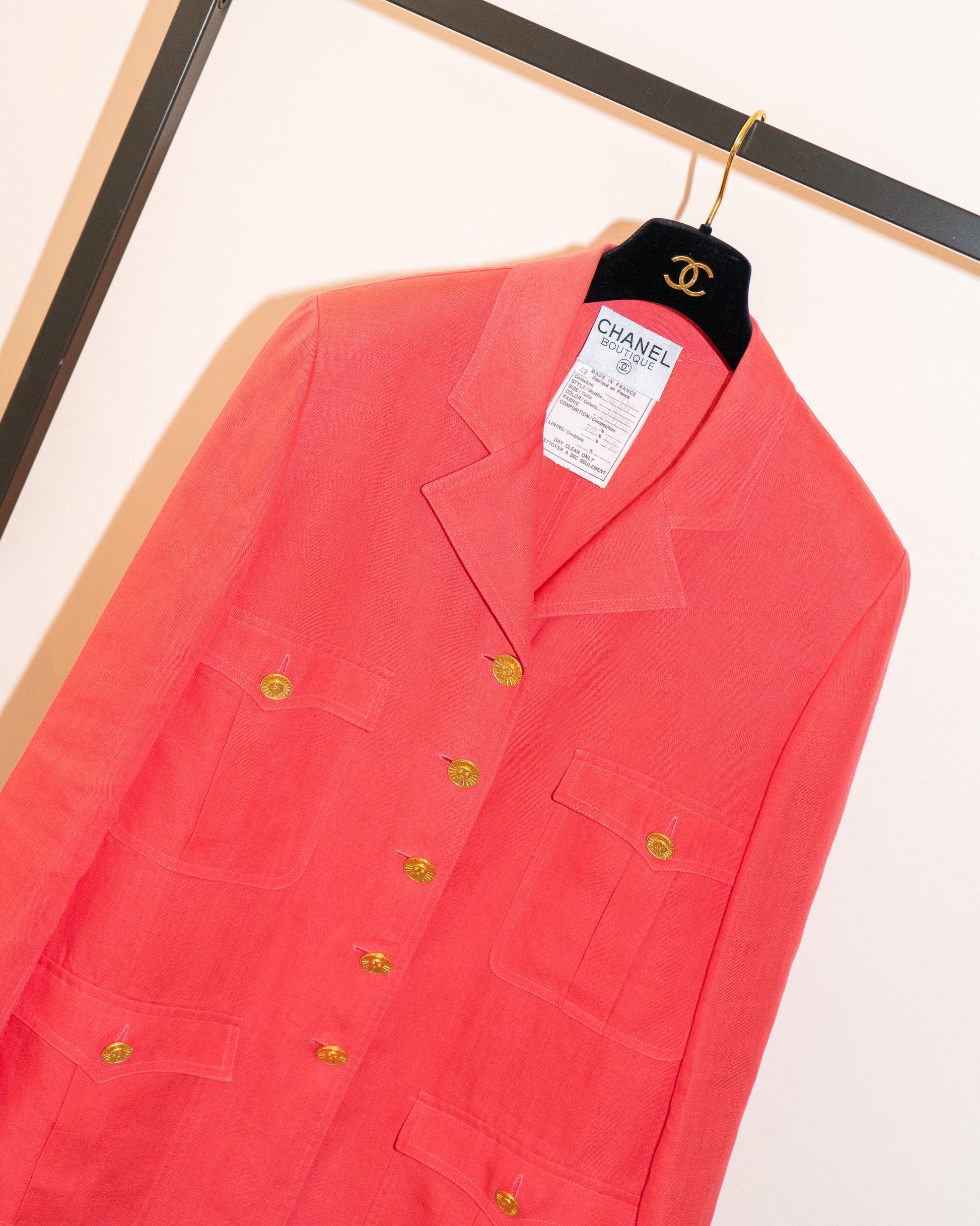 FR42-44 Chanel Cruise 1993 Four Pocketed Coral Red Linen Jacket - Vintage Chanel Jacket -   - Rarchive.