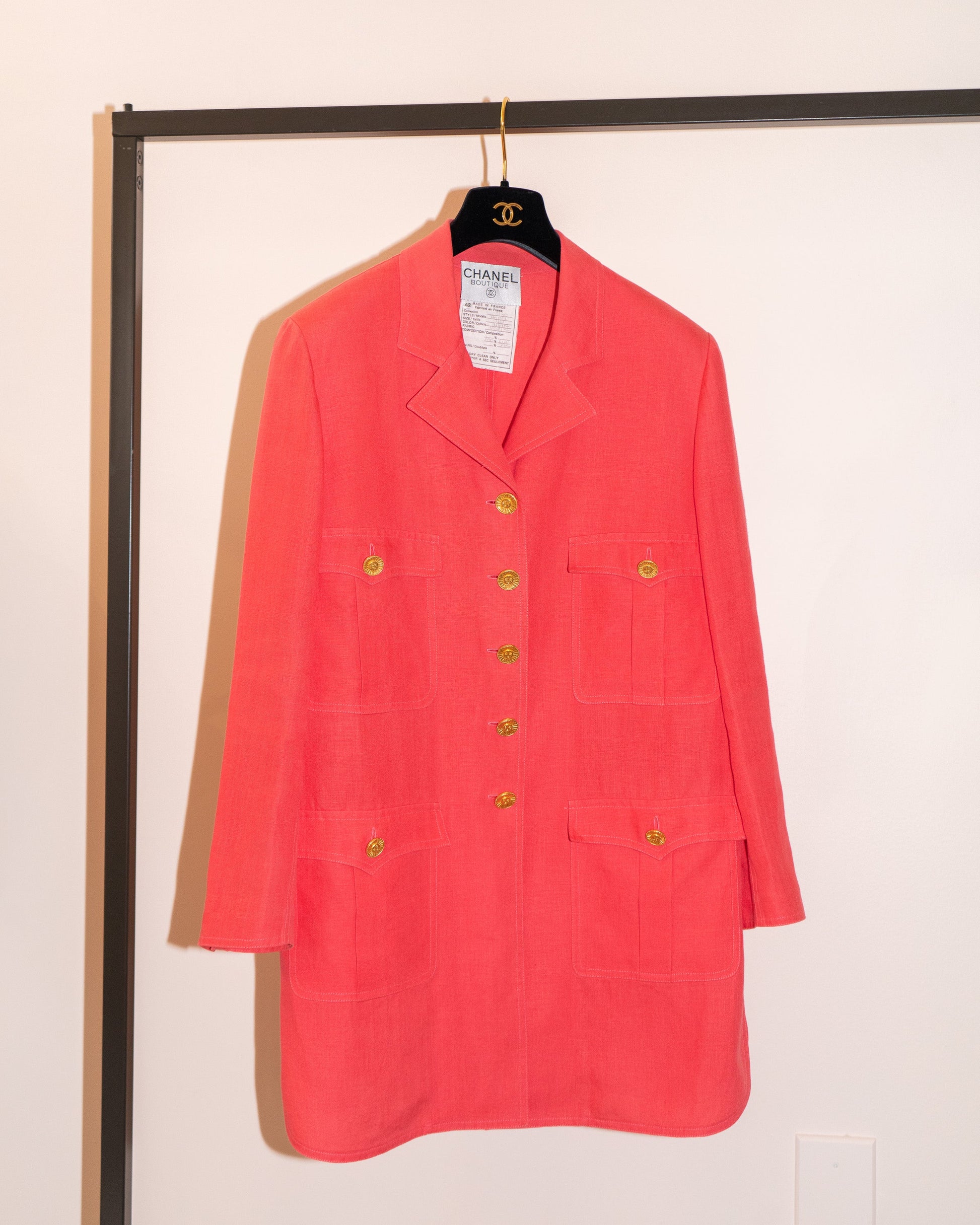 FR42-44 Chanel Cruise 1993 Four Pocketed Coral Red Linen Jacket - Vintage Chanel Jacket -   - Rarchive.