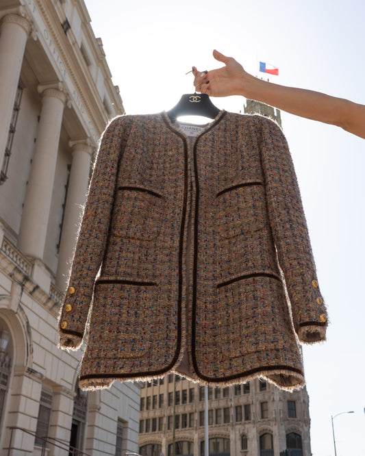 FR40-42 Chanel Fall 1990 Collarless Four-Pocketed Velvet Detail Multicolor Fantasy Tweed Jacket - Vintage Chanel Jacket -   - Rarchive.