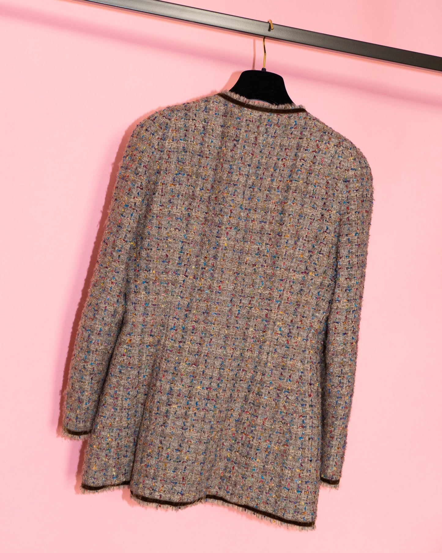 FR40-42 Chanel Fall 1990 Collarless Four-Pocketed Velvet Detail Multicolor Fantasy Tweed Jacket - Vintage Chanel Jacket -   - Rarchive.