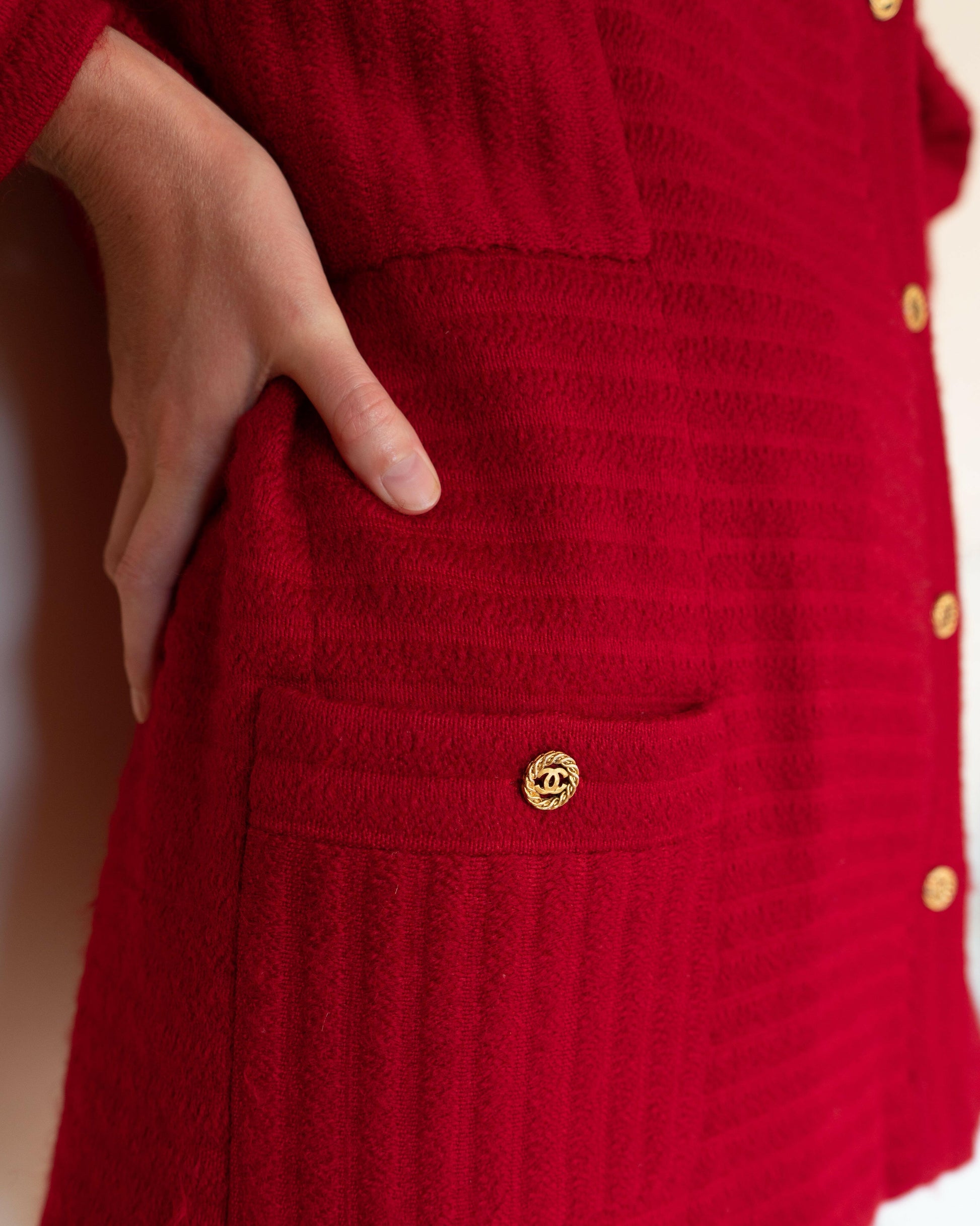 FR44-46 Rare Chanel 1980s Four Pocketed Red Ribbed Tweed Jacket - Vintage Chanel Jacket -   - Rarchive.