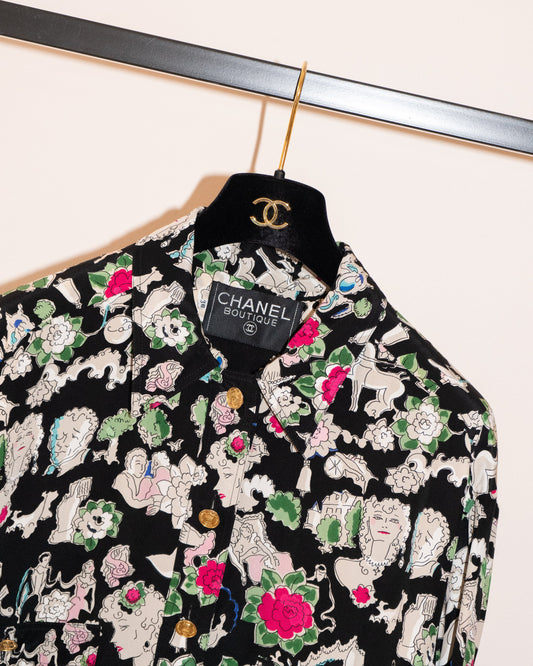 FR38-42 Rare Chanel 1980s Two Pocketed Printed Silk Shirt - Vintage Chanel Jacket -   - Rarchive.