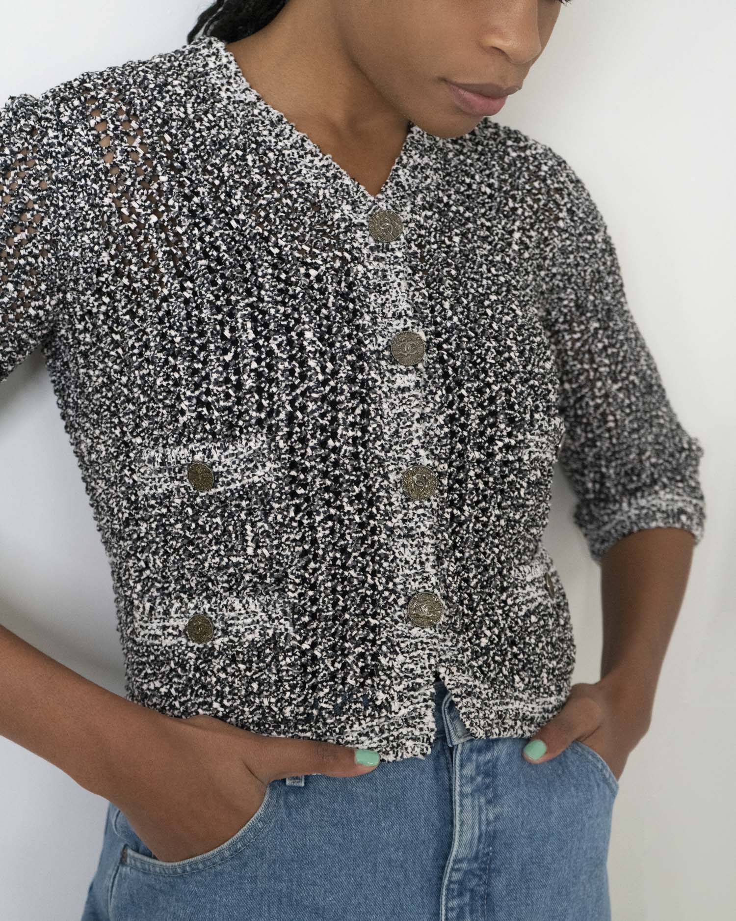 FR34-36 Chanel Spring 2012 Four Pocket Crochet Cardigan Jacket in Gray - Vintage Chanel Jacket -  Jacket - Rarchive.