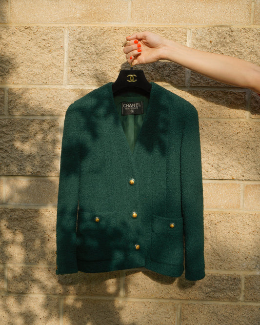 FR34-36 Chanel Fall 1993 Two Pocket Tweed Boucle Jacket in Dark Green - Vintage Chanel Jacket -  Jacket - Rarchive.