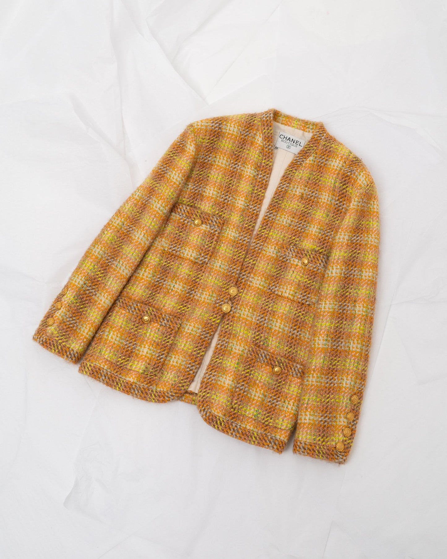 FR38-42 Chanel 1980s Four Pocket Wool Jacket in Orange and Yellow - Vintage Chanel Jacket -   - Rarchive.