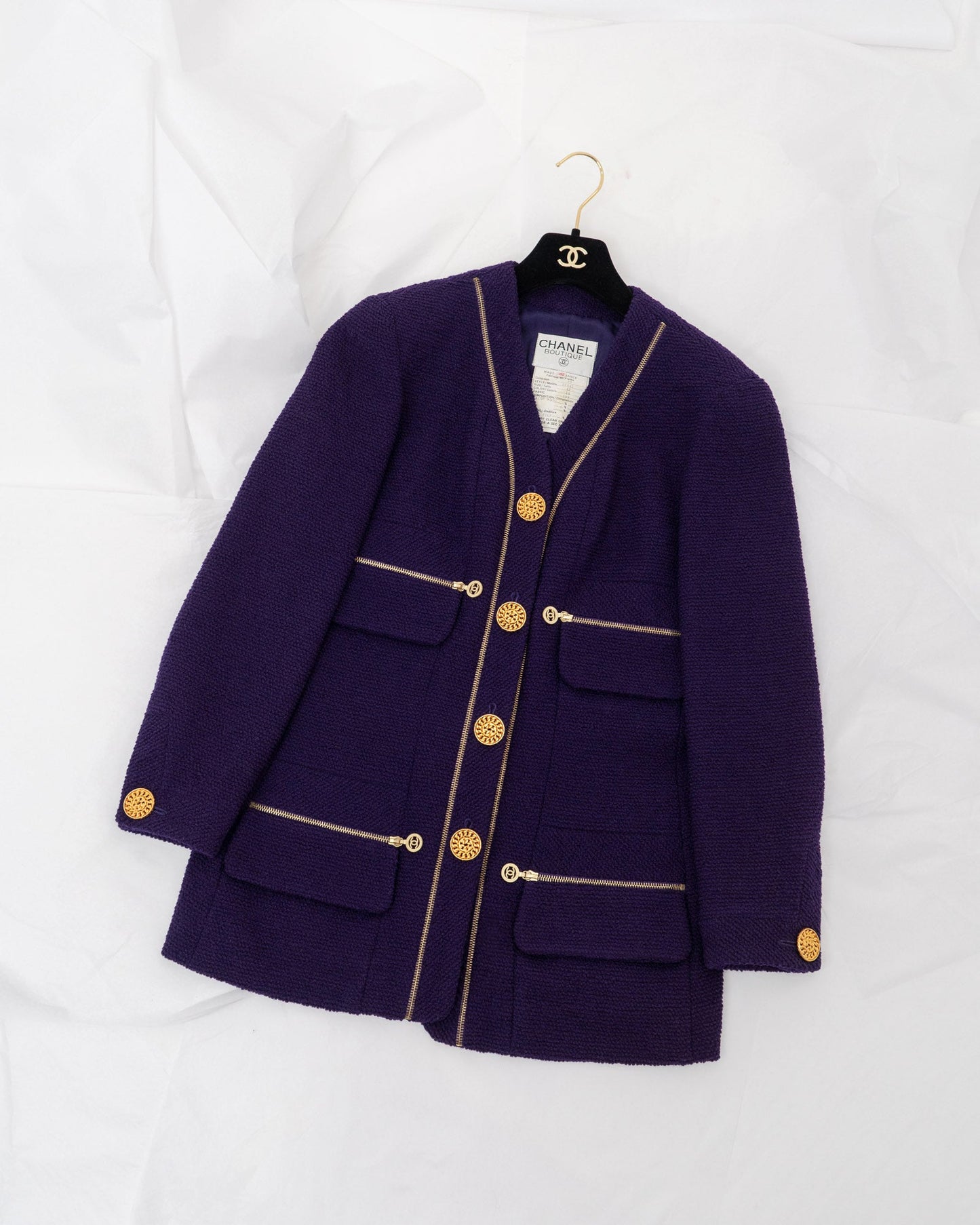 FR42 Chanel Spring 1992 Four Pockets Zip Details Tweed Boucle Jacket in Royal Purple - Vintage Chanel Jacket -   - Rarchive.