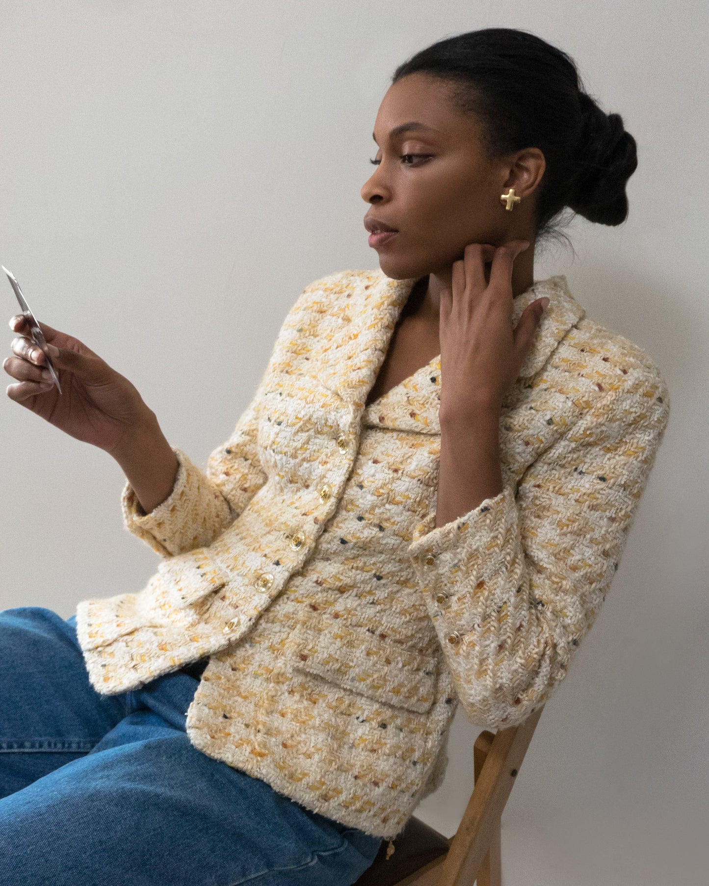 FR38-40 Chanel Spring 1993 Two Pocket Fantasy Tweed Jacket in Creme and Yellow - Vintage Chanel Jacket -  Jacket - Rarchive.