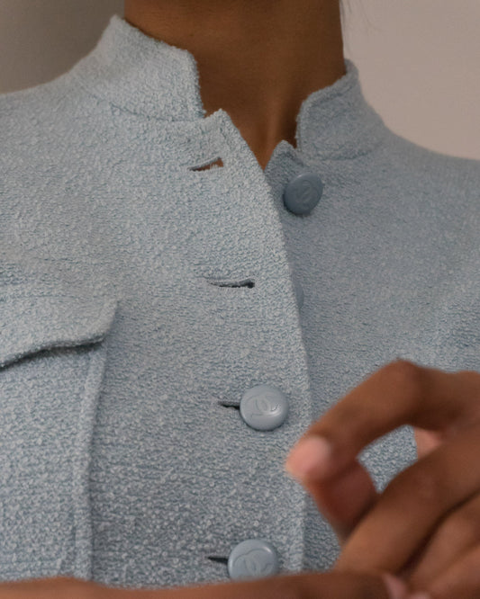FR38 Chanel Cruise 1995 Boucle Four Pocket Mandarin Collar Jacket in Blue - Vintage Chanel Jacket -  Jacket - Rarchive.